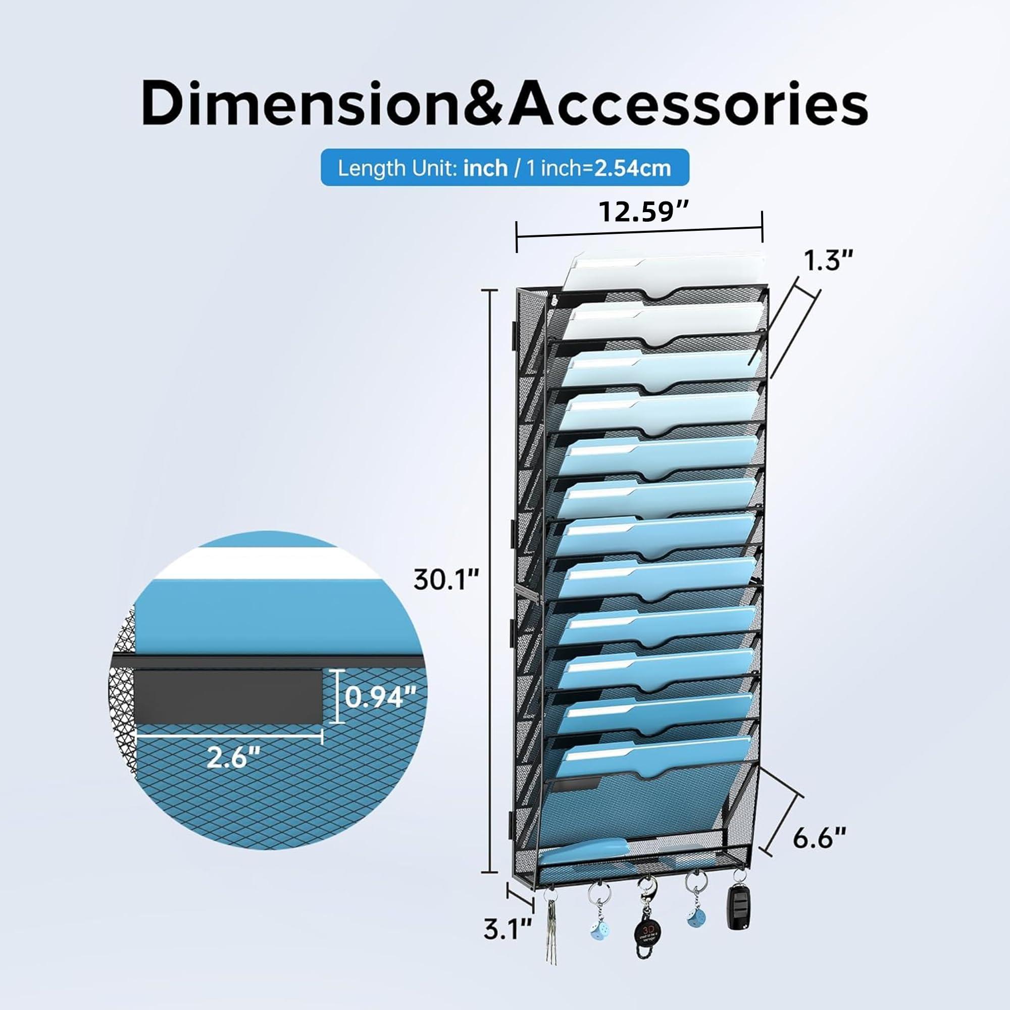 SUPEASY 13-Tier Wall File Holder Organizer with Hooks, Mesh Hanging File Organizer, Mail Organizer Wall Mounted for Papers, Folders, Office Magazine Rack, Assembly Needed, Black 2 pack - Image 3