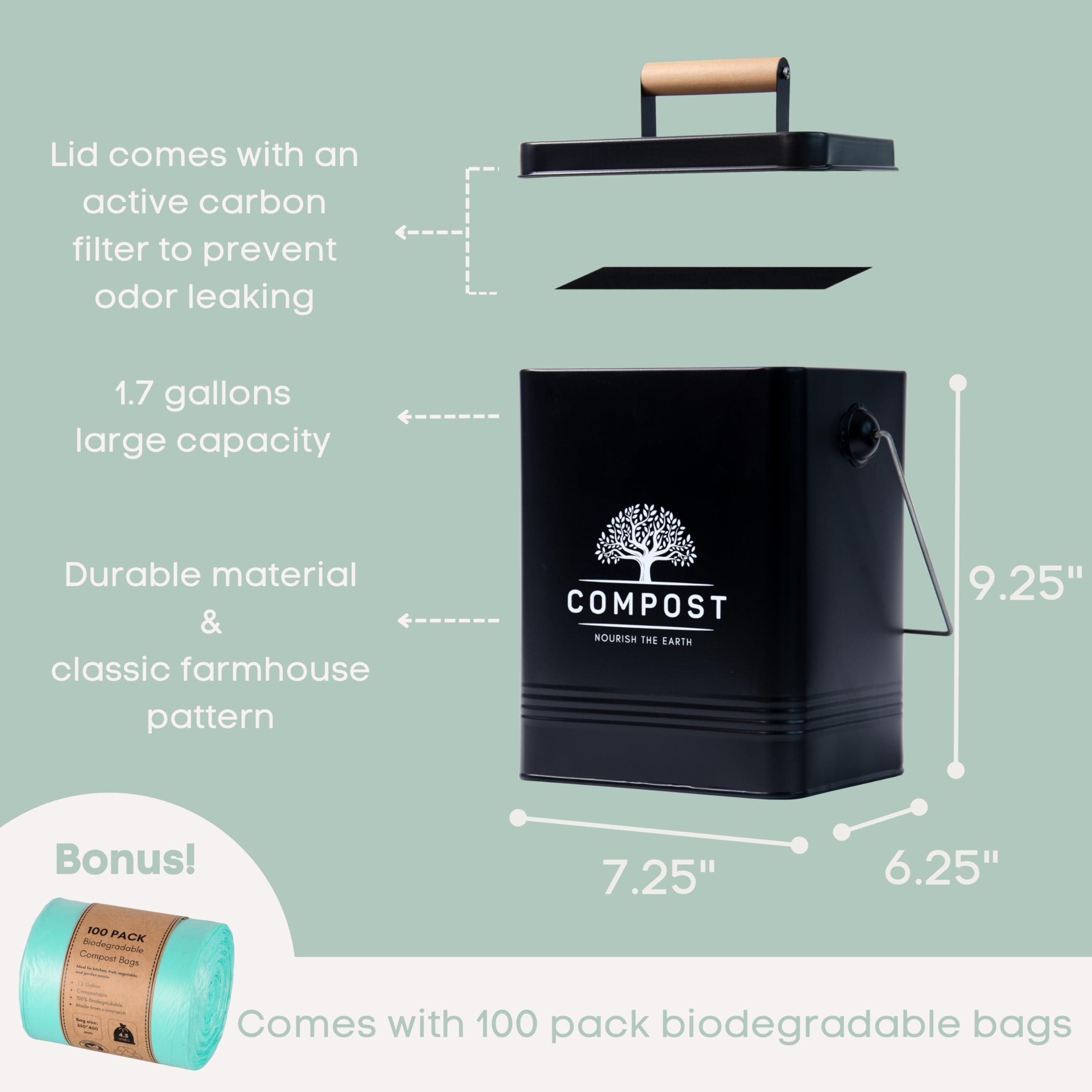 PERFNIQUE Kitchen Compost Bin, 1.7 Gallon Countertop Compost Bin with Lid, Indoor Compost Bin Includes 2 Carbon Filters, Small Compost Bucket, Food Waste Bin for Kitchen with Trash Bags (Matte Black) - Image 3