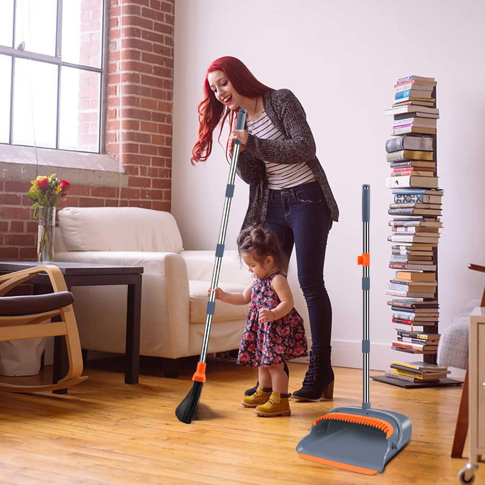 kelamayi Upgrade Broom and Dustpan Set, Self-Cleaning with Dustpan Teeth, Indoor&Outdoor Sweeping, Ideal for Dog Cat Pets Home Use, Stand Up Broom and Dustpan (Gray&Orange) - Image 7