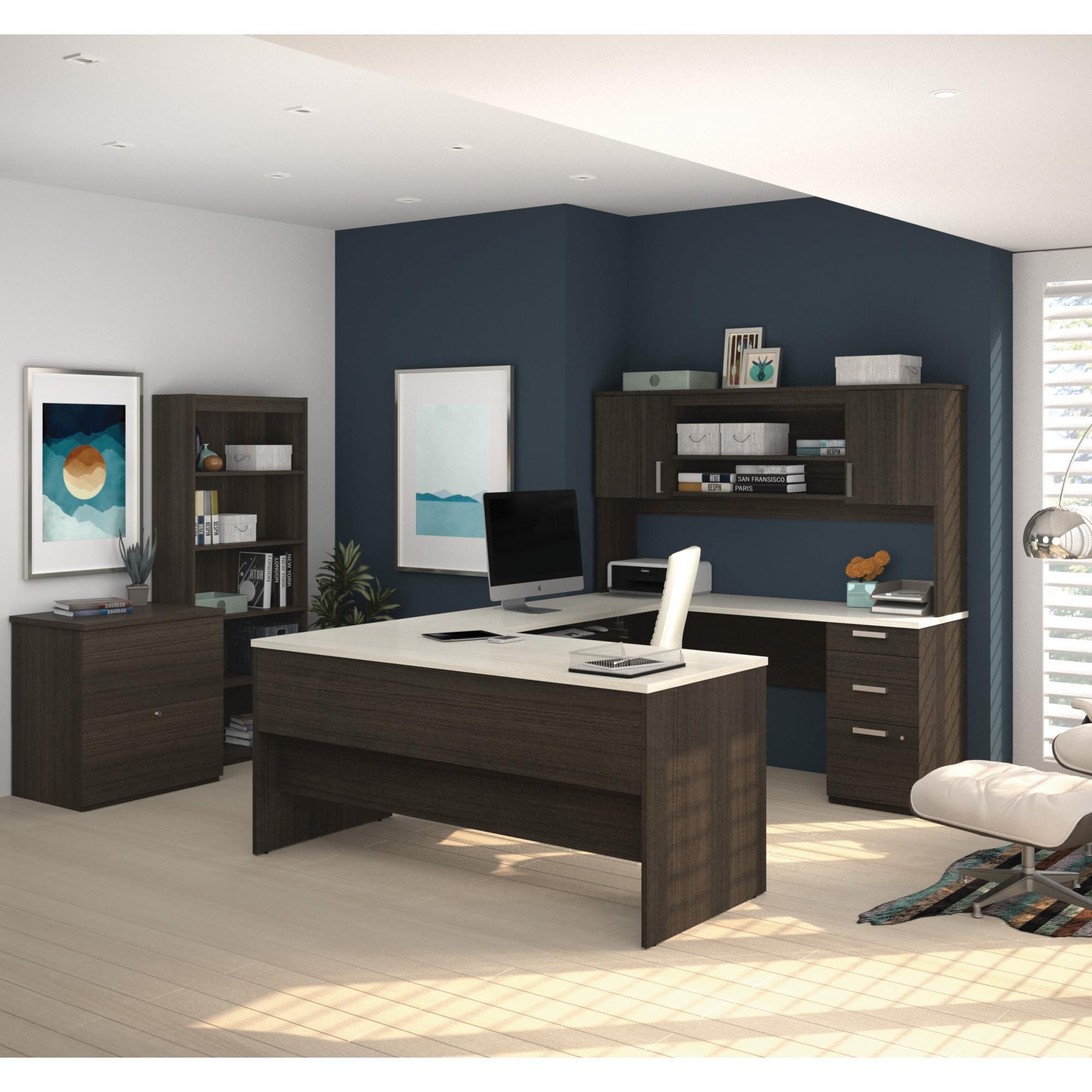 Bestar Ridgeley Executive Computer Desk with Hutch, a lateral File Cabinet, and a Bookcase, White Chocolate - Image 2