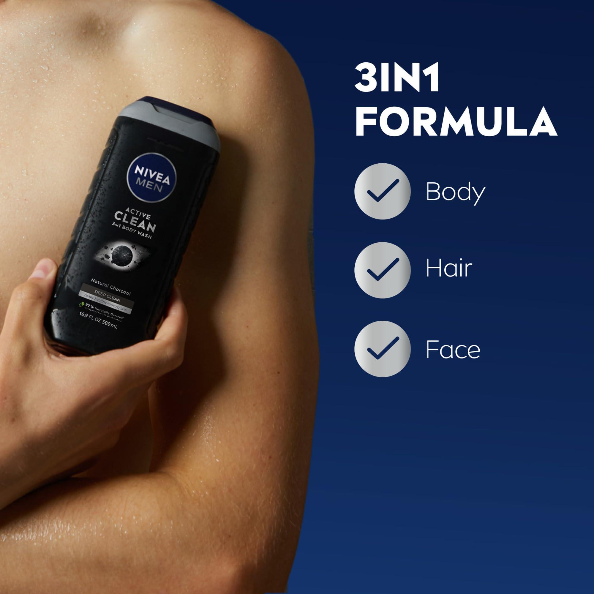NIVEA MEN Active Clean Body Wash with Natural Charcoal, Skin Care Gifts for Dad, 3-in-1 Charcoal Body Wash, Face and Hair, For Normal to Oily Skin, 16.9 Fl Oz Bottle, Pack of 3 - Image 2