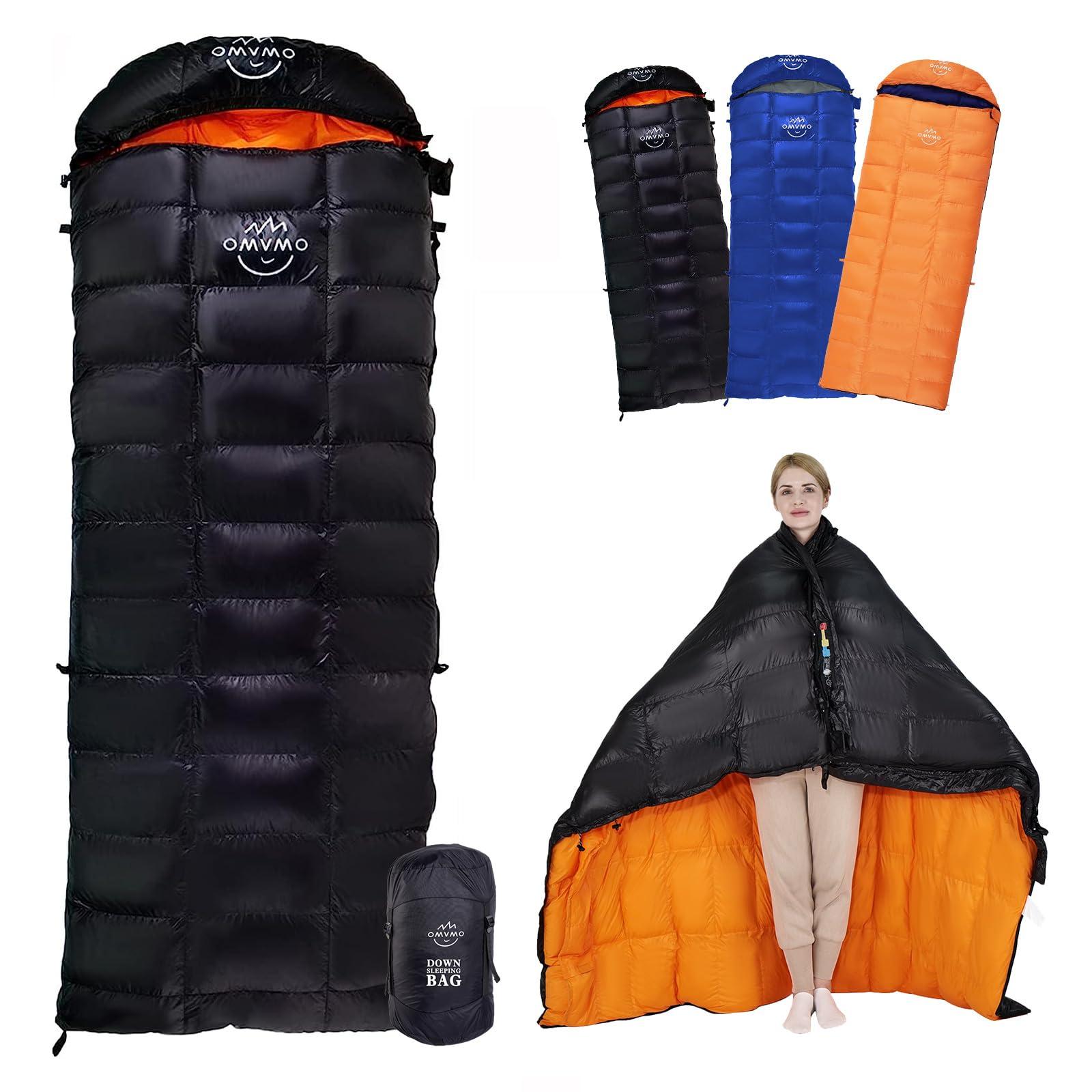 OMVMO -10°F 0°F Goose Down Sleeping Bag for Adults,800 Fill Power,Ultralight Wearable 4 Season Cold Weather Rectangle Sleeping Bag for Camping Hiking,Can be Used as a Down Blanket or Cloak