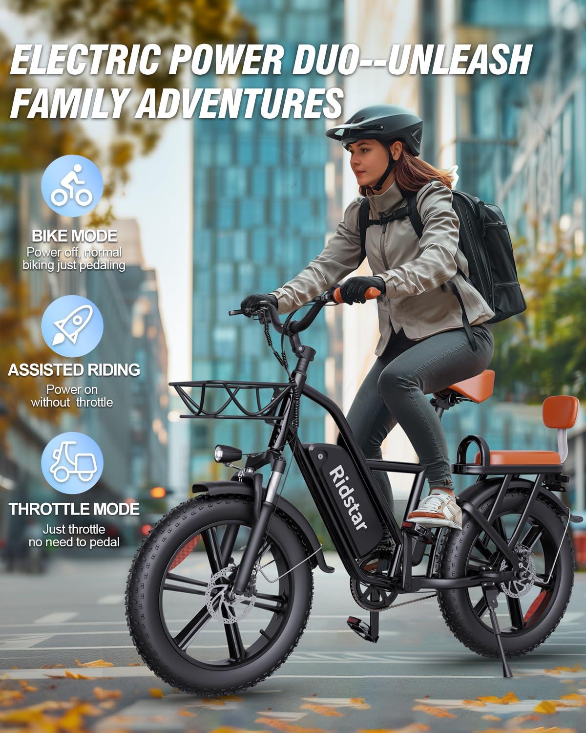 Ridstar 2 Seater Electric Bike for Adults,1500/1000W 30MPH 30-70Miles 48V 15AH Removable Battery Ebike 20" x 4.0 Fat Tire Beach Mountain Commuting Electric Bicycles W/Fork Suspension UL2849 - Image 4