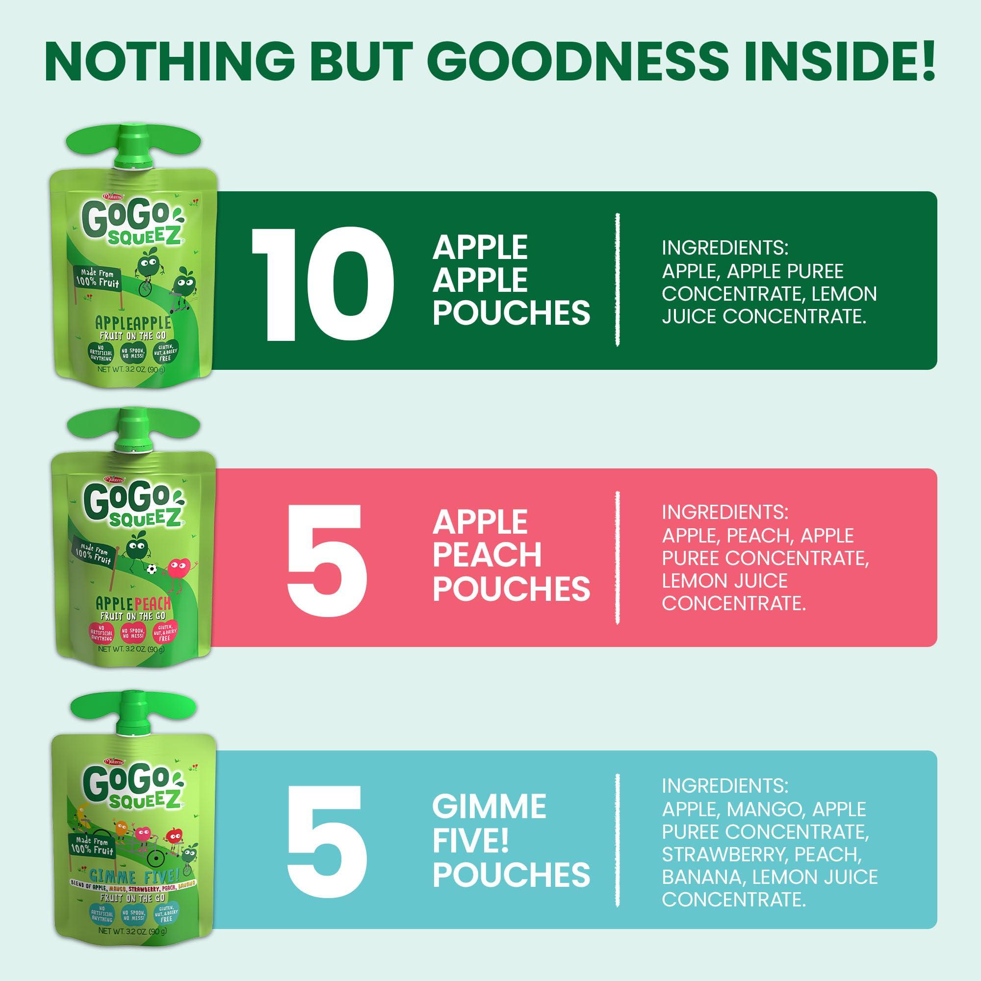 GoGo squeeZ Applesauce and Fruit Puree Variety Pack, Apple, Peach & Gimme Five!, 3.2 oz (Pack of 20), Unsweetened Fruit Snacks for Kids, Gluten Free, Nut Free and Dairy Free, BPA Free Pouches - Image 5