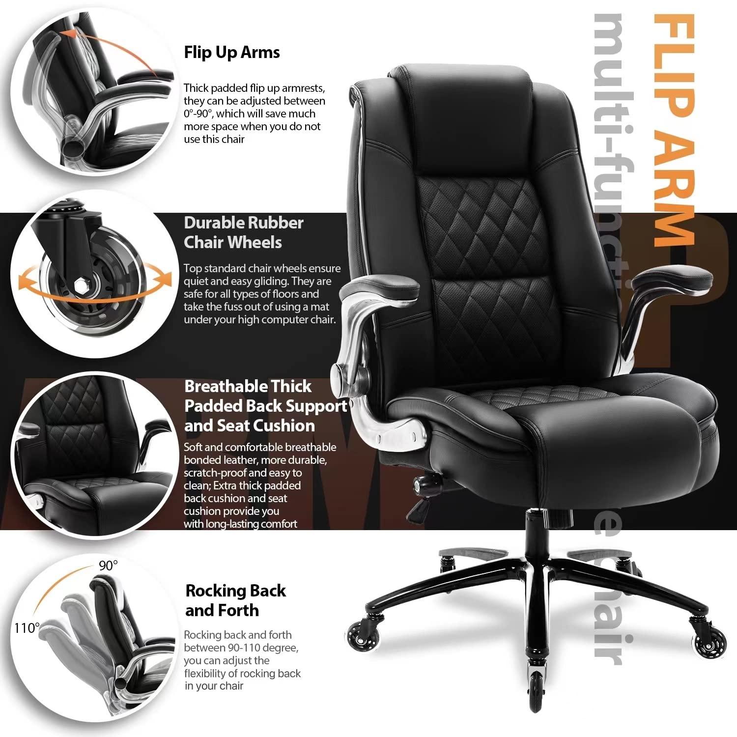 High Back Office Chair- Flip Arms Adjustable Built-in Lumbar Support, Executive Computer Desk Chair Work Chairs, Thick Padded Strong Metal Base Quiet Wheels, Ergonomic Design for Back Pain - Image 6