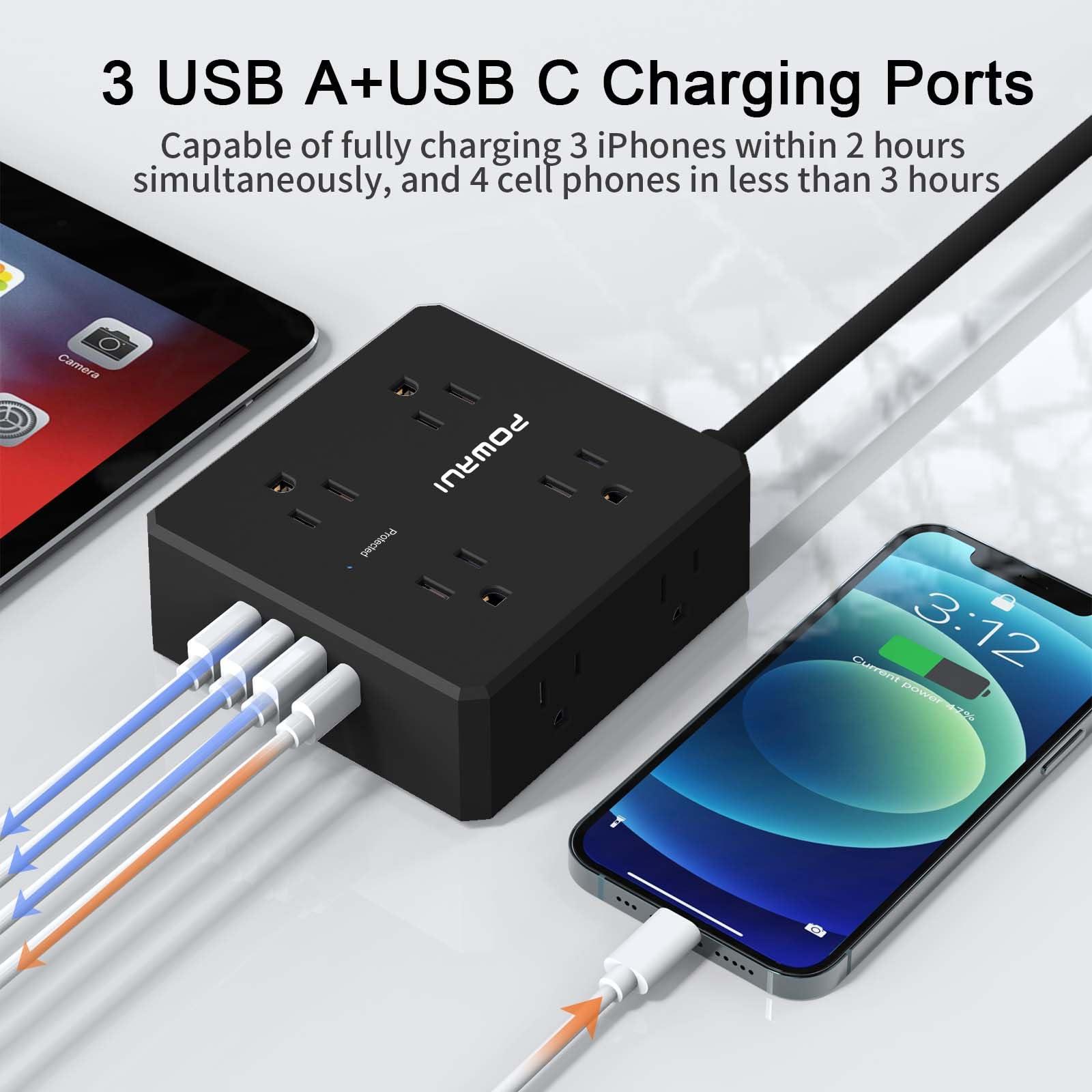 Surge Protector Power Strip - 6 Ft Flat Plug Extension Cord with 8 Widely Outlets and 4 USB Ports(1 USB C), 3 Side Outlet Extender for Home Office, Black, ETL Listed - Image 3