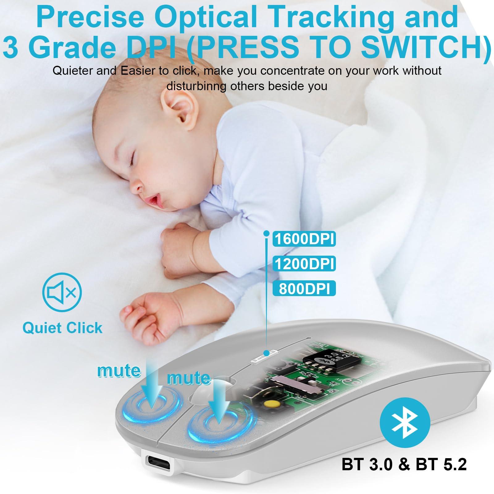 Mouse for MacBook Wireless Bluetooth Mouse Laptop MacBook Air Mac Pro Rechargeable Silent PC iPad Optical Mouse with Dual Mode Switch Bluetooth 5.2/3.0 and 2.4GHz USB Type-C Receiver Silvery - Image 5