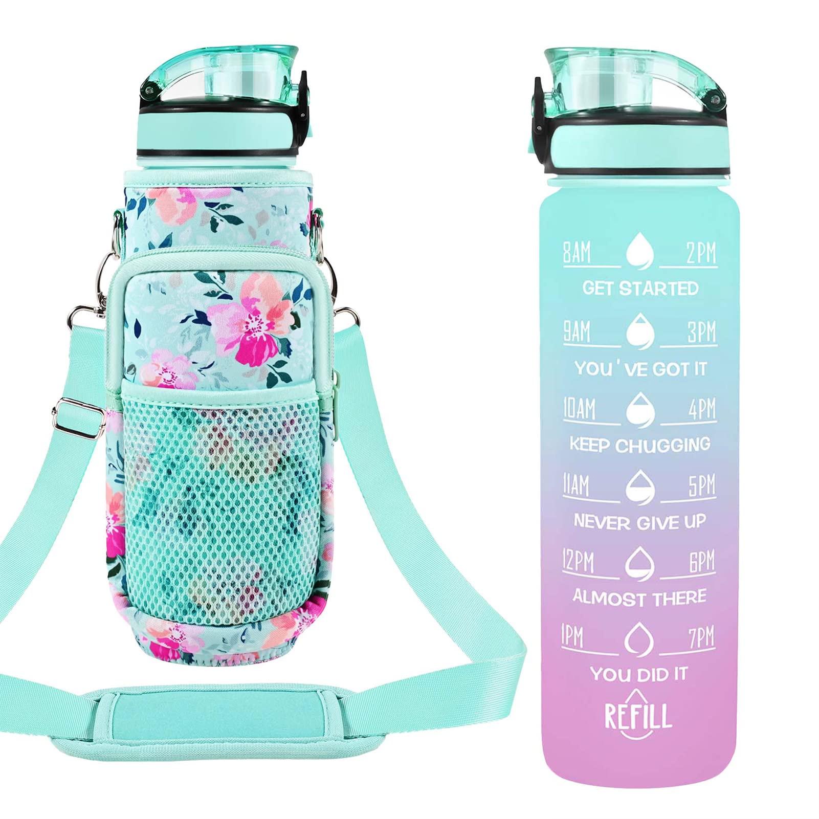 Newfad 32 oz Water Bottles with Straw & Strap, Motivational Water Bottles with Times to Drink, BPA Free Reusable Sports Water Bottle with Sleeve Carrier for Hiking, Travel, Running or Fitness