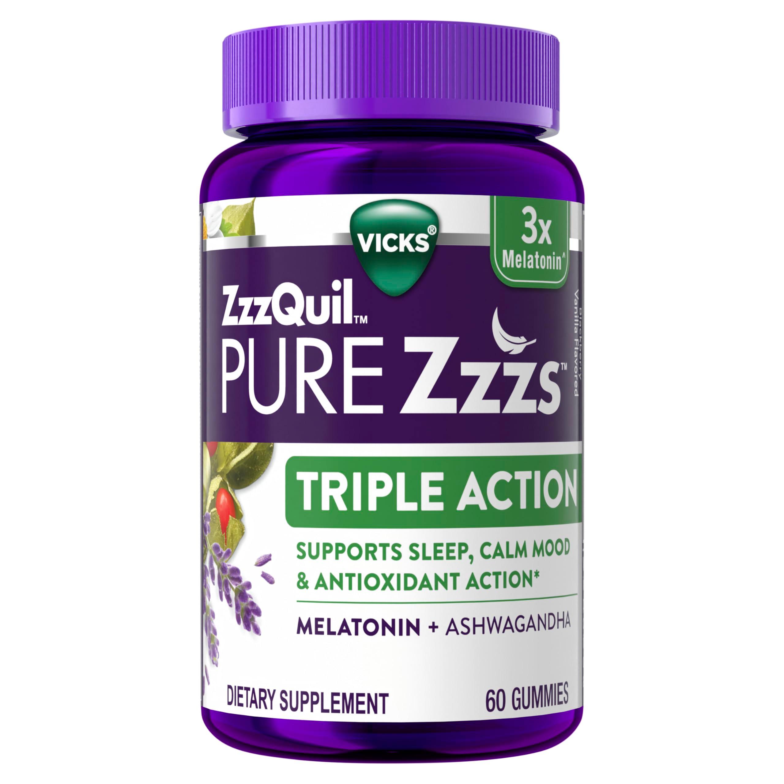 ZzzQuil PURE Zzzs Triple Action, Melatonin Gummies, Melatonin 6mg, 3X Melatonin, Sleep Aid with Ashwagandha, Calm Mood, Antioxidant Action, Sleep Aids for Adults, 60 Sleep Gummies - Image 1