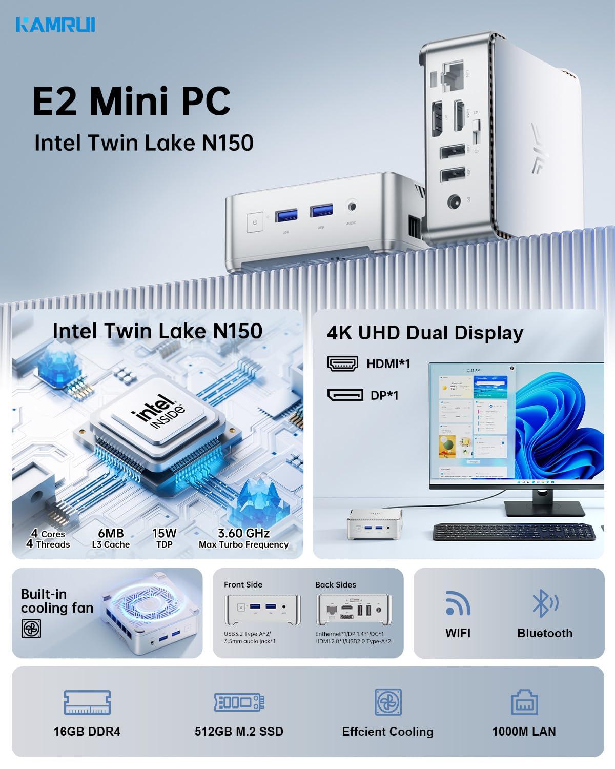 KAMRUI Essenx E2 N150 Mini Pc, Micro PC 16GB DDR4 512GB SSD Mini Computers, Twin Lake-N N150 (Beat N100, up to 3.6GHz) Small PC, HDMI+DP1.4 Dual 4K UHD,Gigabit Ethernet,WiFi,BT/Home/Office Desktop PC - Image 4
