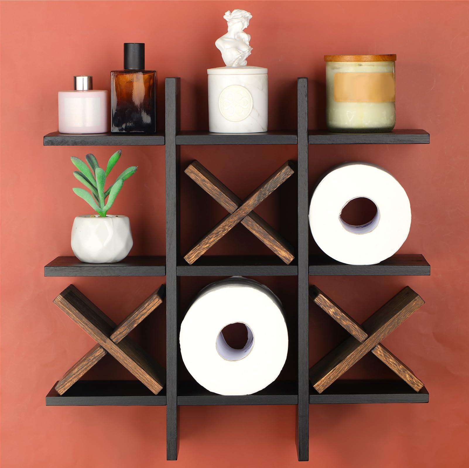 Weysat Tic Tac Toe Toilet Paper Holder Stand Bathroom Wall Decor Rustic Wooden Hanging Storage Freestanding Wall Mounted Shelves Decor for Toilet Tissue Farmhouse - Image 4