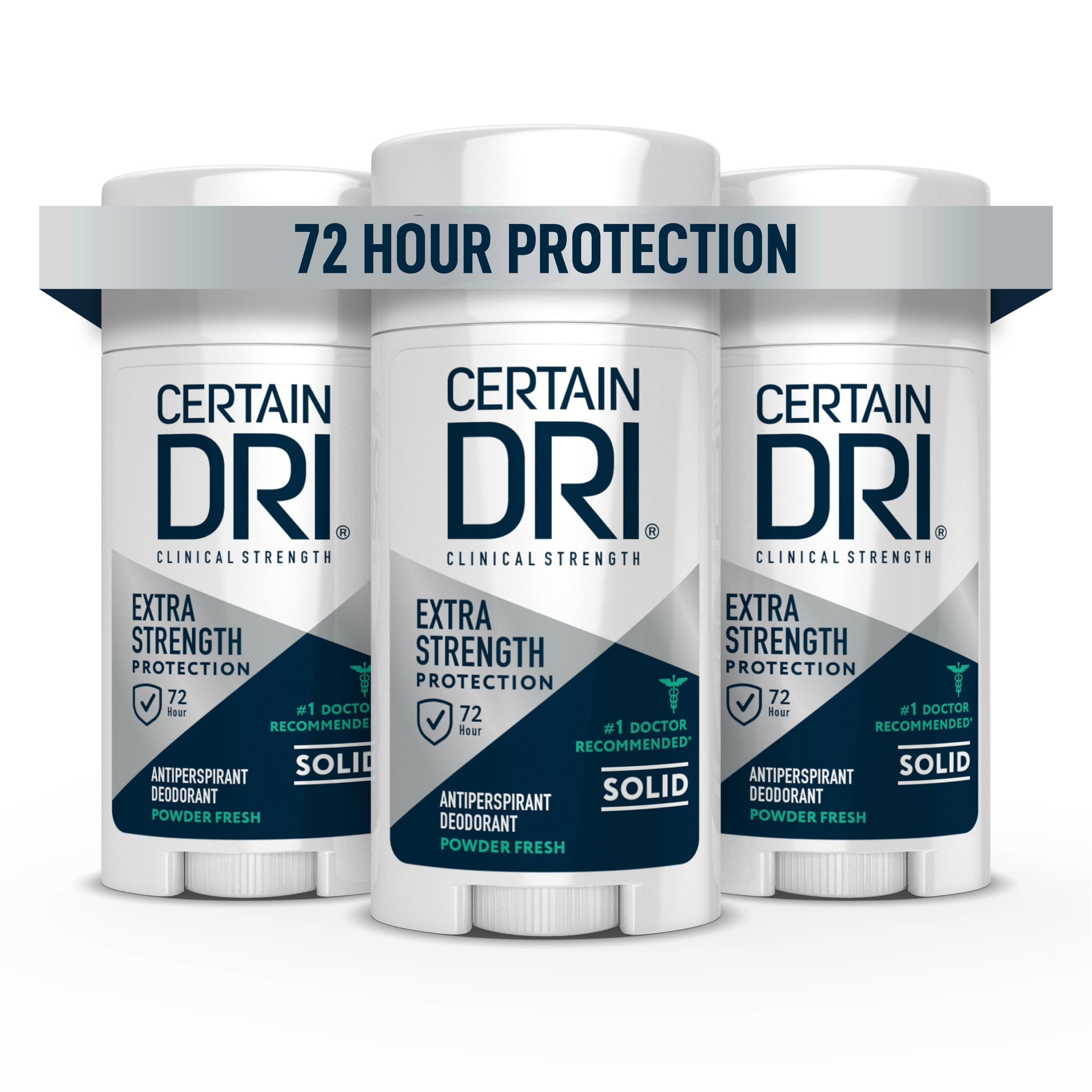 Certain Dri Extra Strength Clinical Antiperspirant Solid – Maximum Sweat & Odor Protection for Men & Women, 72HR Hyperhidrosis Treatment with 12% Aluminum Chloride, Powder Fresh Scent, (1.7oz, 3 Pack)