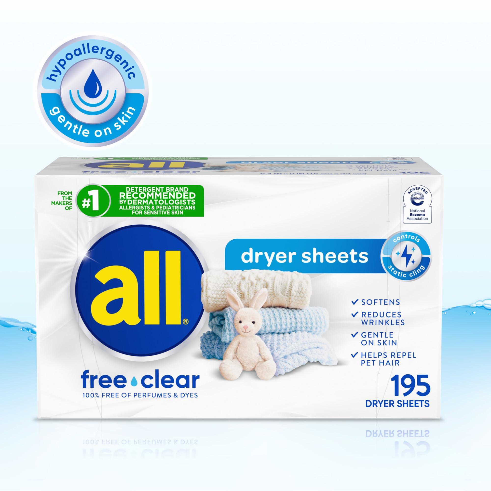all Fabric Softener Dryer Sheets for Sensitive Skin, Free Clear, 195 Count - Image 7
