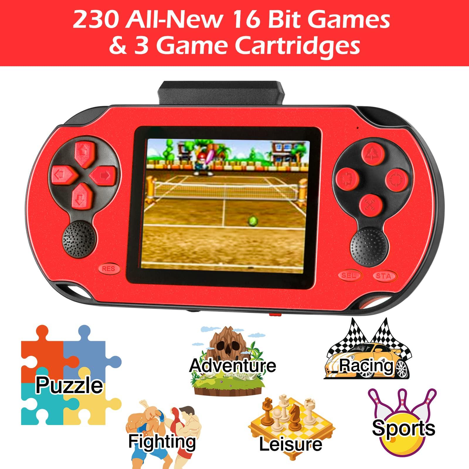 TaddToy 16 Bit Handheld Game for Kids Adults, 3.0'' Large Screen Preloaded 230 HD Classic Retro Video Games with USB Rechargeable Battery & 3 Game Cartridges for Birthday Gift for Kids 4-12 (Red) - Image 3