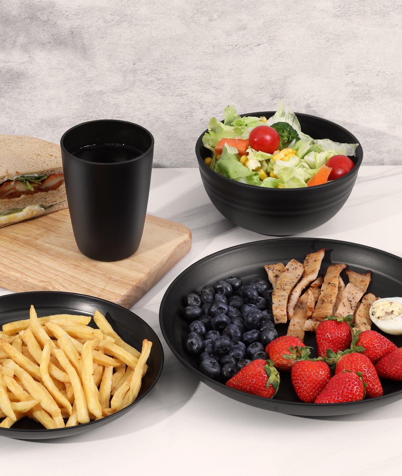 Quatish 24 Piece Plates and Bowls Sets of 6, Unbreakable Wheat Straw Dinnerware Sets, Plastic Dish Set for Camping, Dishwasher Microwave Safe, Outdoor Kitchen and Apartment Dinning Essentials, Black - Image 2