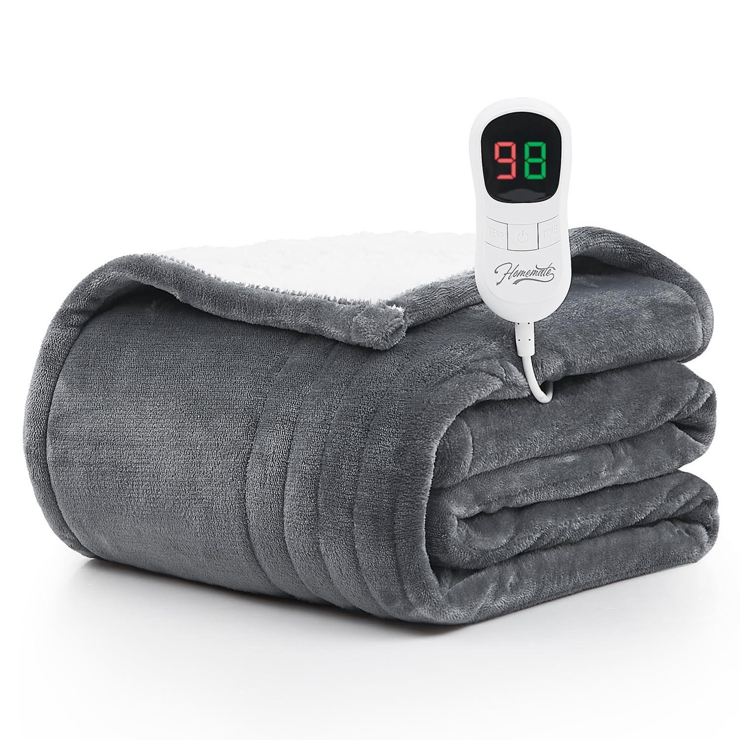 Homemate Electric Heated Blanket Full - 72"x84" Heating Blanket Full Size 1/2/4/6/8 Hours Auto-Off 8 Heat Level Heat Blanket Over-Heat Protection Flannel Sherpa Big Heater Blanket ETL Certification
