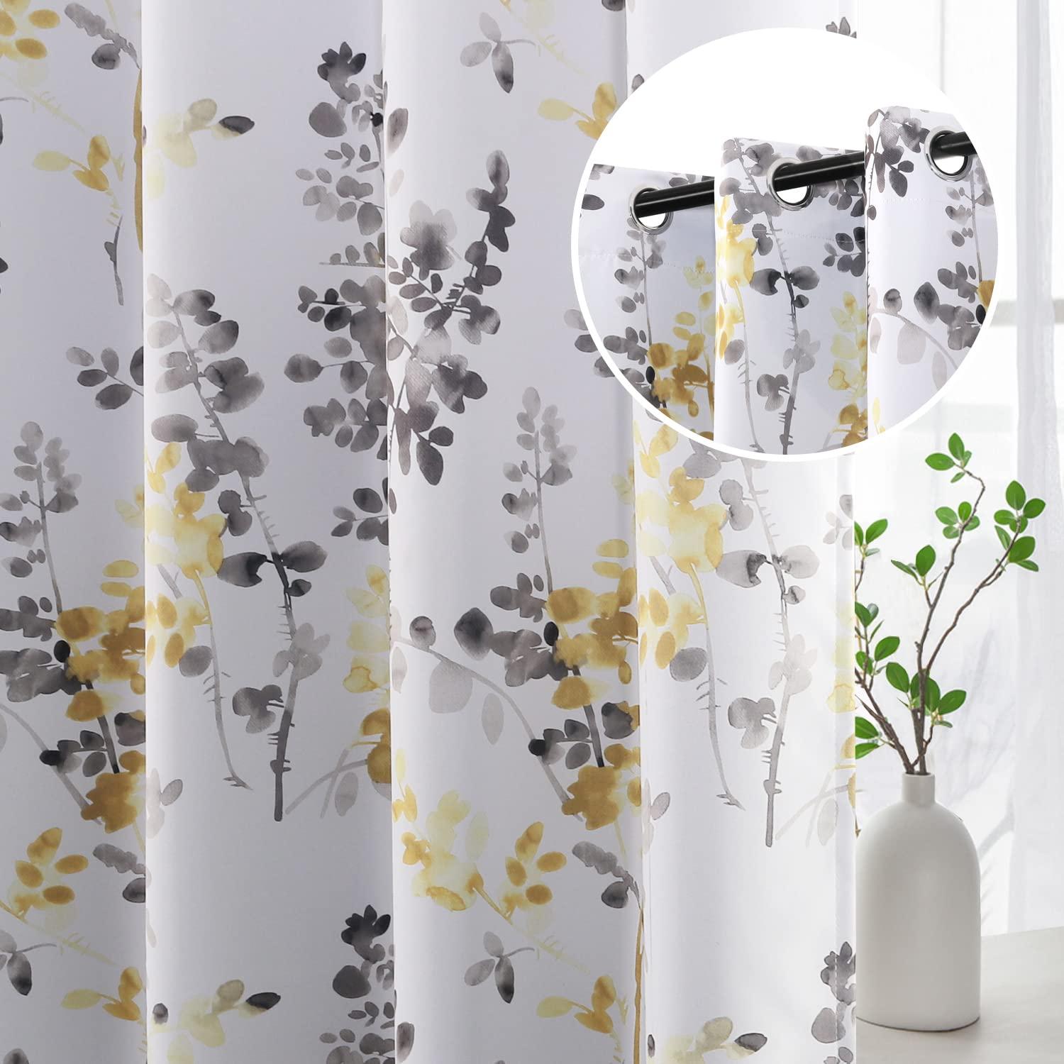 H.VERSAILTEX Curtains for Bedroom Room Darkening Curtains 84 Inch Length 2 Panels Set Thermal Insulated Drapes for Living Room Vintage Classical Floral Pattern Window Treatments, Grey and Yellow