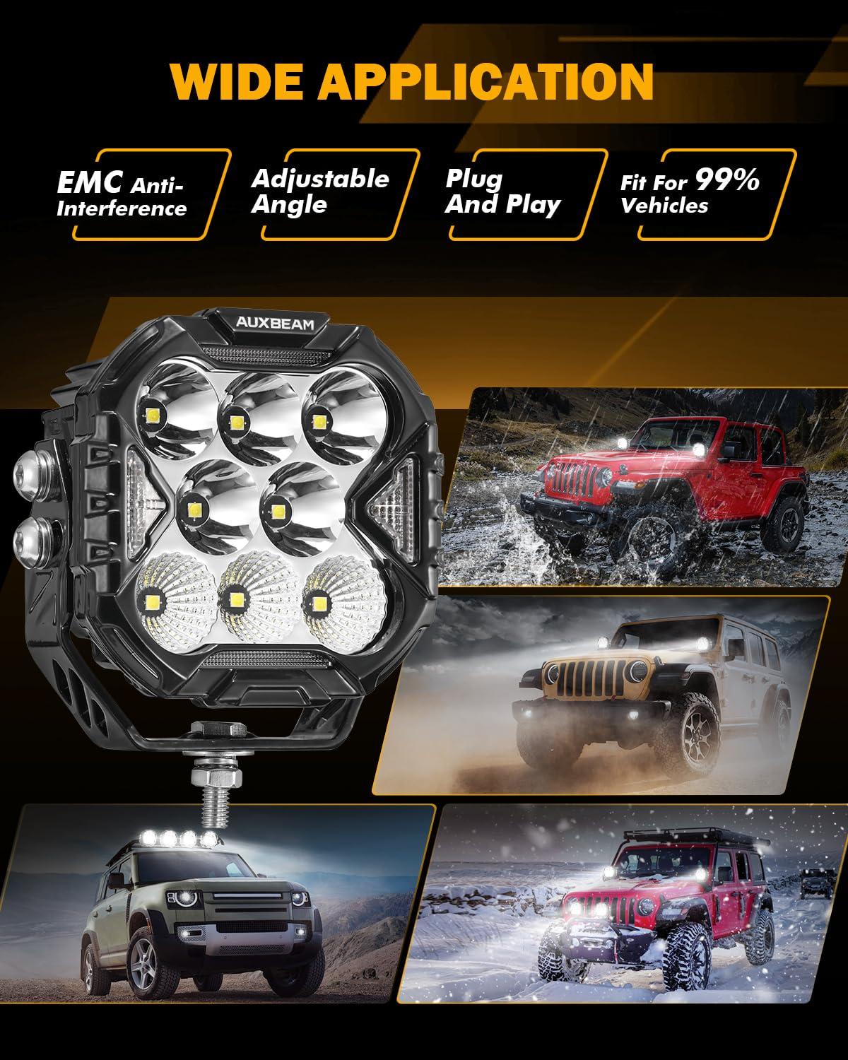 Auxbeam 4 Inch LED Driving Light, CUBE-Z Series 112W Cube Spot Flood Combo Beam with Amber Covers, 150° Ultra-Wide Offroad Pod Light 12800LM Hyper Bright with White DRL&Amber Turn Signal Light, Pair - Image 7