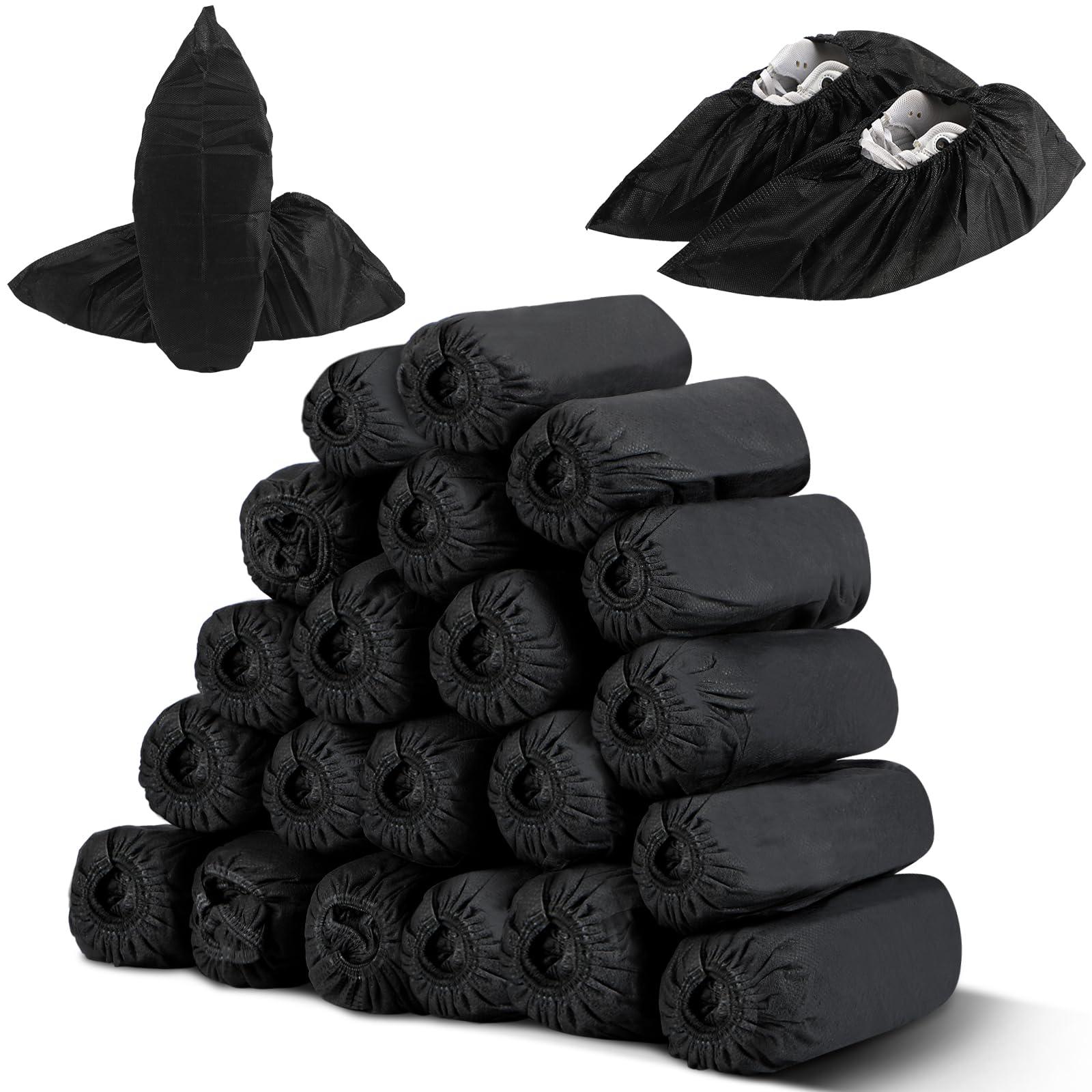 Tigeen 200 Pcs/ 100 Pairs Disposable Shoe Covers Non Woven Stretchable Boot Covers Non Slip Waterproof Shoe Protector for Women Men Fits Size 4-12 Booties Carpet Floor (Black)