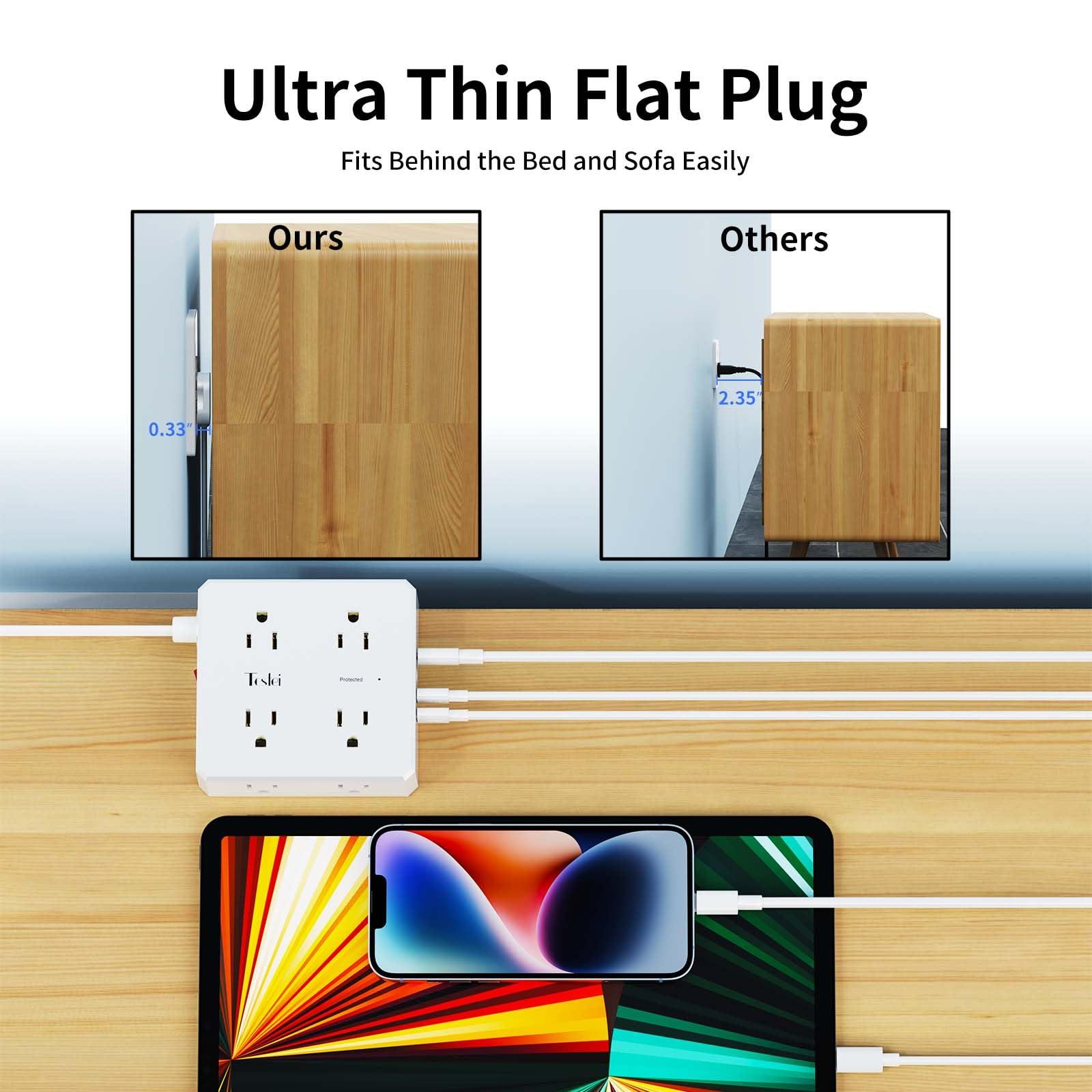 6 Ft Flat Extension Cord, Tcstei Ultra-Thin Flat Plug Surge Protector Power Strip, 3-Sided Outlet Extender, 8 AC Outlets and 4 USB Ports(1 USB C) for Home, Office, Dorm Room Essentials, ETL, White - Image 2