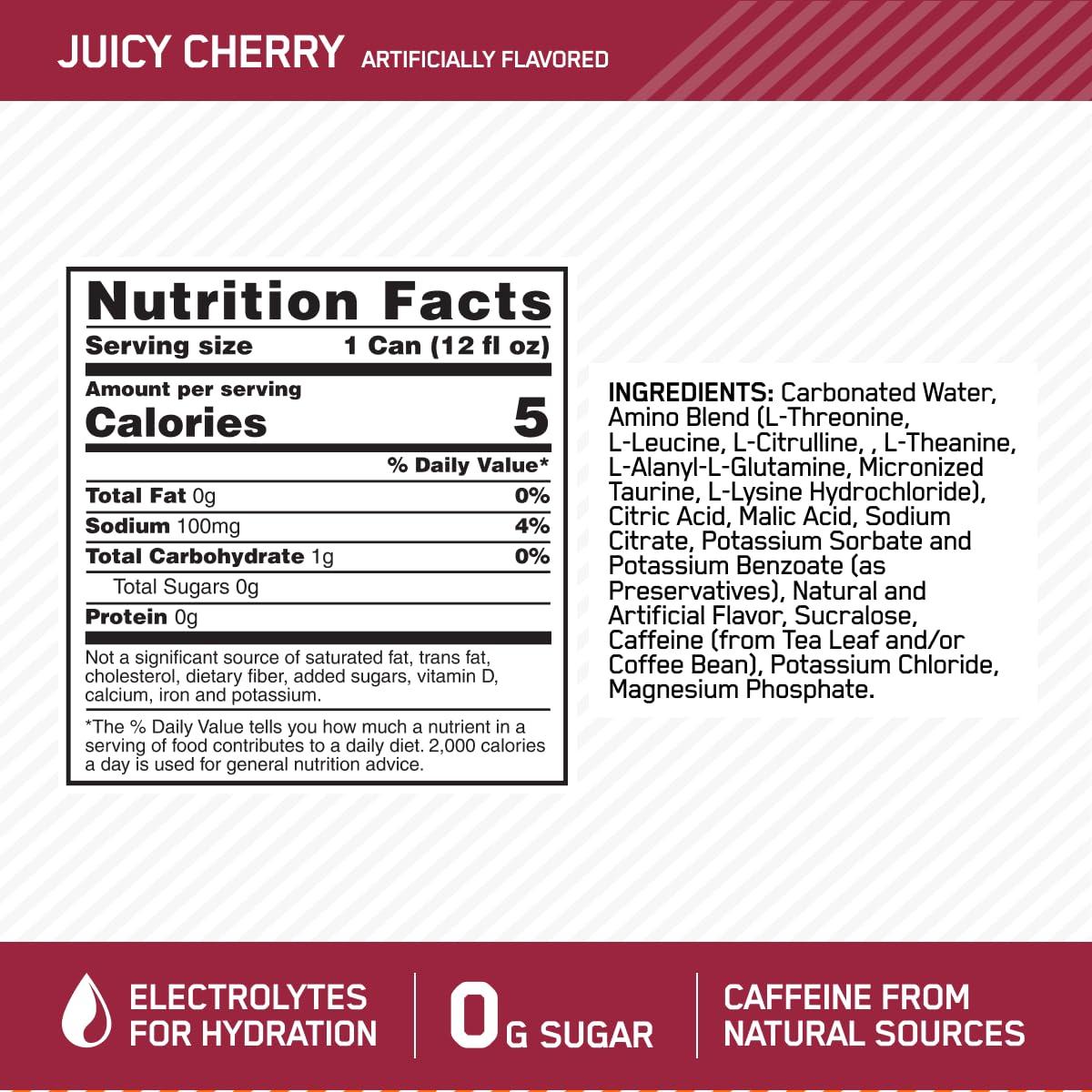 Optimum Nutrition Amino Energy Sparkling Hydration Drink, Electrolytes, Caffeine, Amino Acids, BCAAs, Sugar Free, Juicy Cherry, 12 Fl Oz, 12 Pack (Packaging May Vary) - Image 2