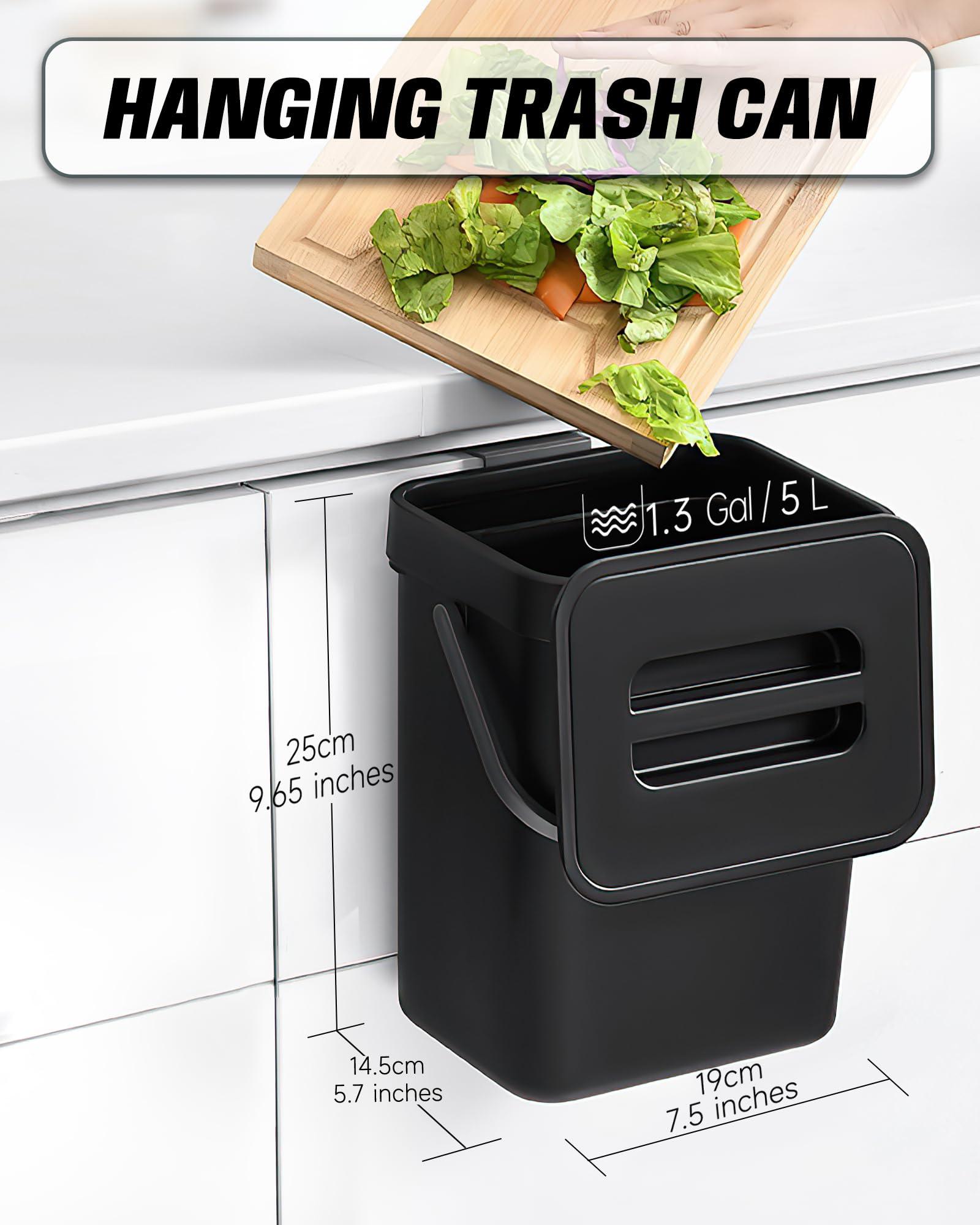 MONGTINGLU Countertop Compost Bin - 1.3 Gallons Hanging Small Trash Can with Lid for Kitchen Bathroom, Under Sink Kitchen Trash Can, Indoor Counter Compost Bucket with Lid, 5L(Black) - Image 3