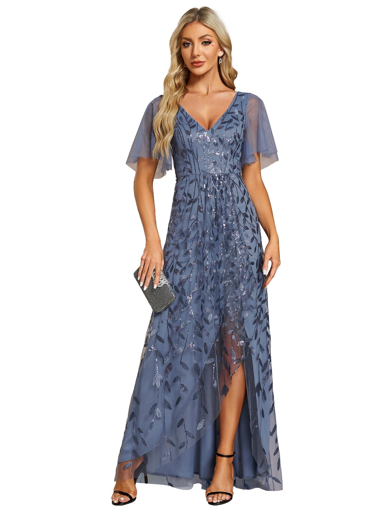 Ever-Pretty Women's Shimmery Formal Dress V Neck Sequins A-Line Side Slit Elegant Long Evening Dresses 02083