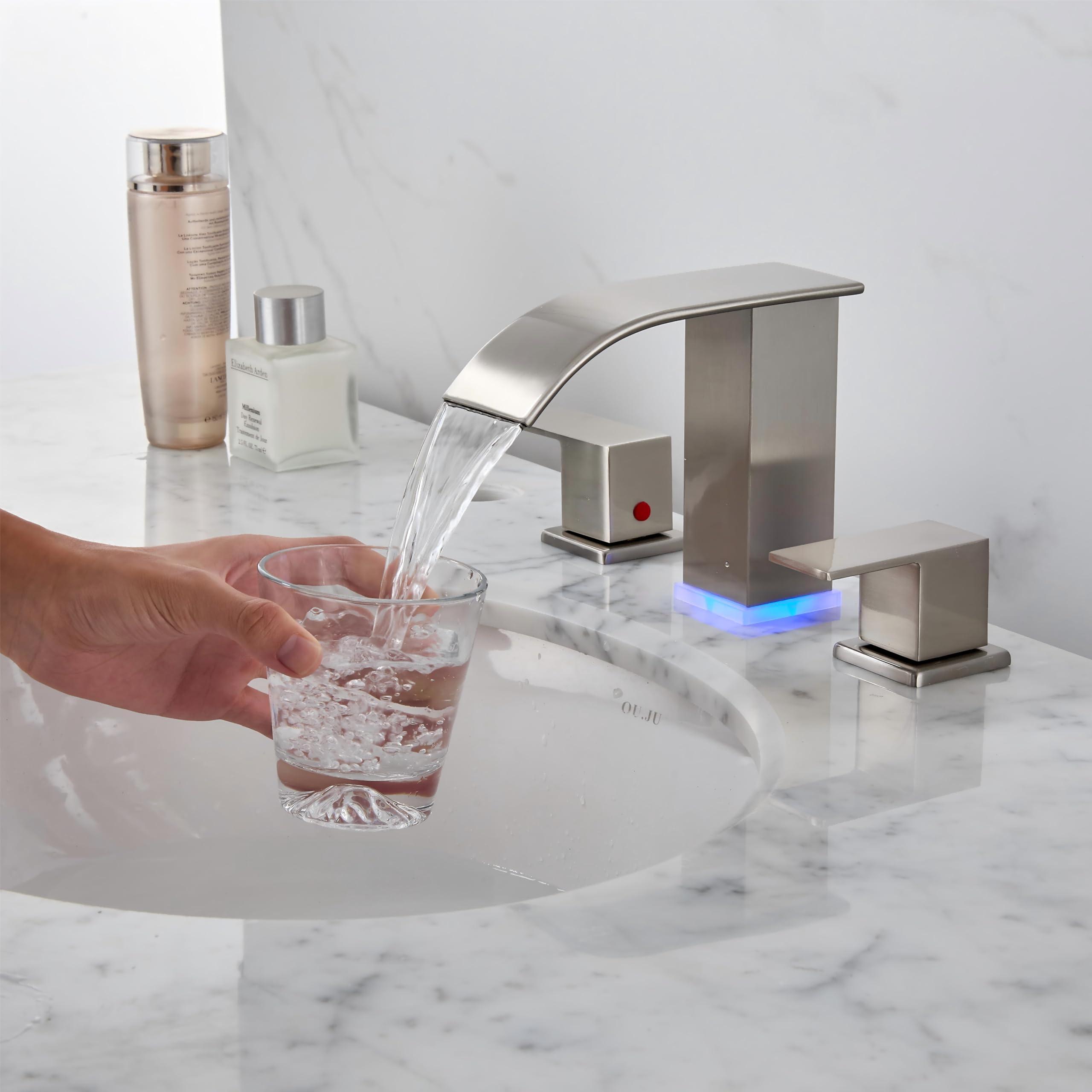 Bathroom faucets 3 Hole Brushed Nickel Vanity Faucet with led Waterfall Bathroom Faucet 3 Hole Sink Faucet Bathroom 8 inch Widespread Modern Parts Touch on 2 Handle - Image 2