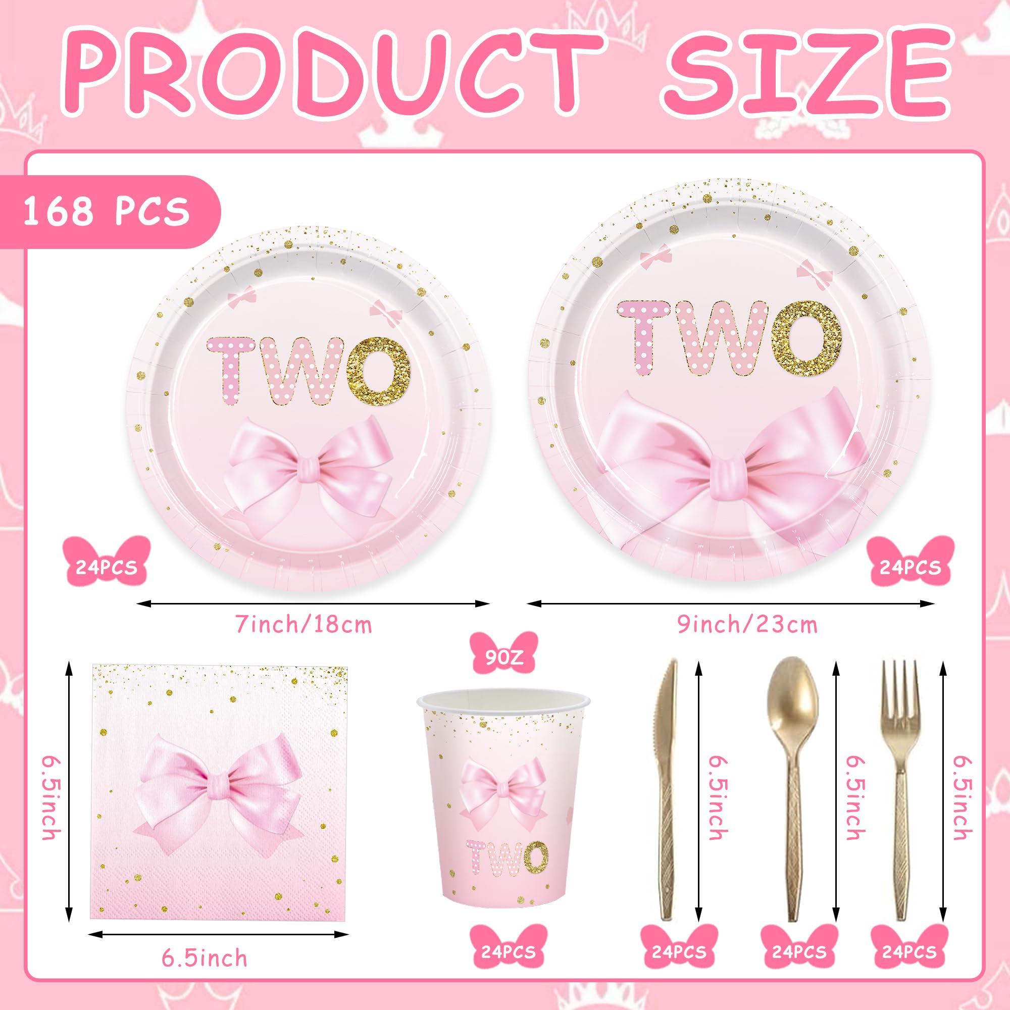 168pcs Birthday Decorations Girls 2nd Plates Napkins Party Supplies Two Years Old Paper Tableware Set Disposable Birthday Party Dinnerware Kids Serve 24 Guests - Image 3
