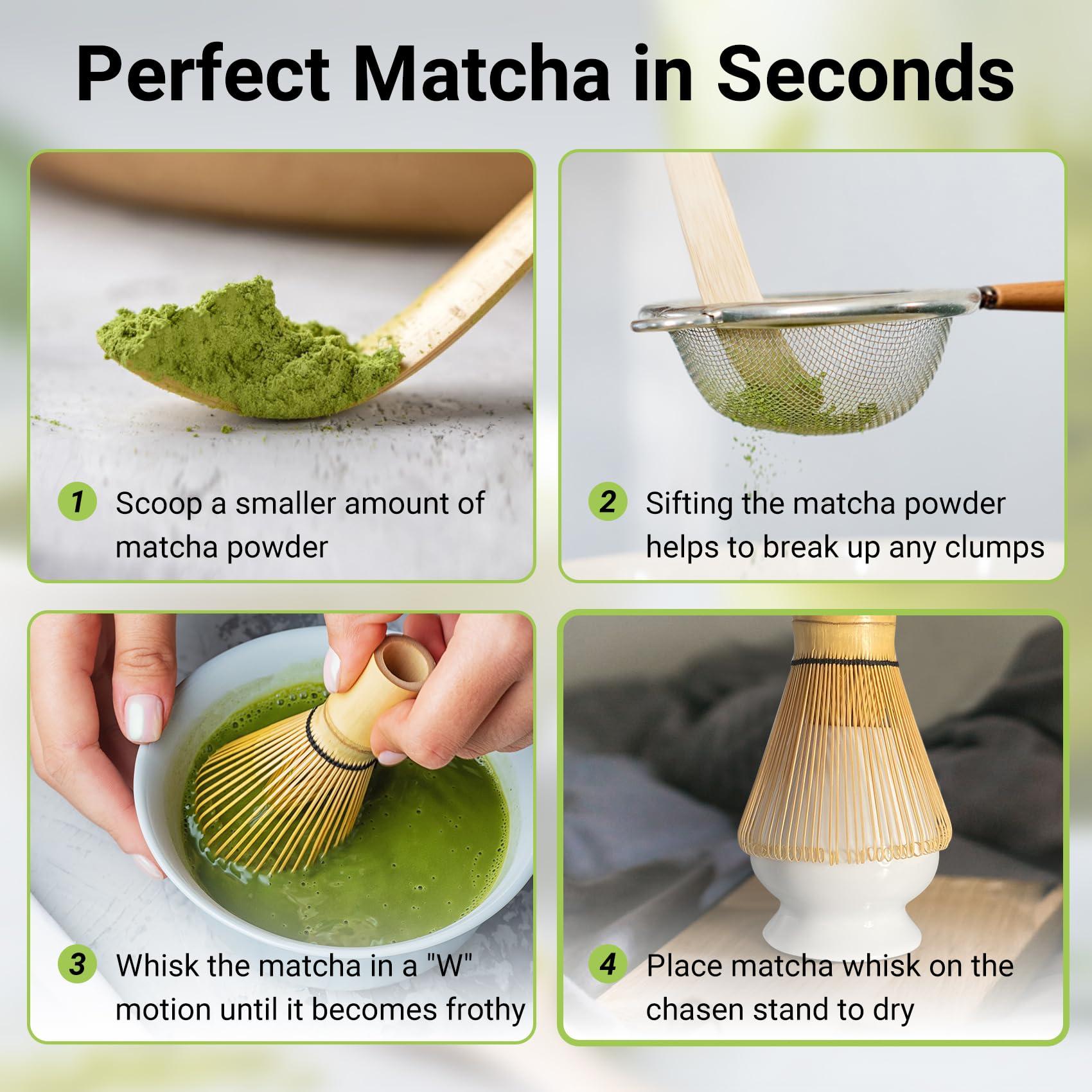 SHONMISEN Bamboo Matcha Whisk Set -Matcha Whisk (Chasen),Whisk Holder(White),Sifter,Tea Scoop and Tea Spoon - Image 4