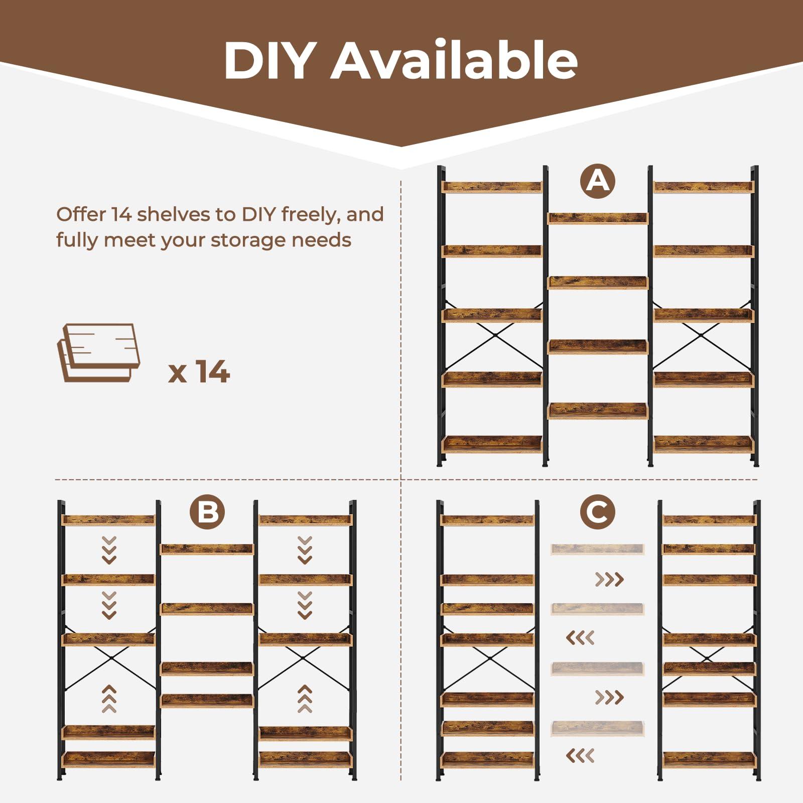 Rolanstar Bookshelf 5 Tiers with 4 Hooks, Triple Bookcase with Open Display Shelves, Industrial Wide Bookshelf with Metal Frame for Living Room, Office, Rustic Brown - Image 8