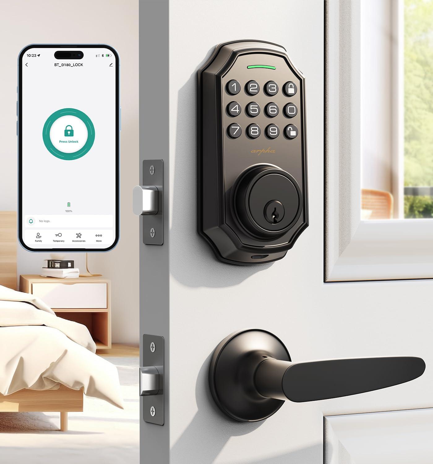 Keyless Entry Door Lock With 2 Handle Set - App Control Electronic Keypad - 100 Code Capacity - Front Door Set - One Time Code - Auto Lock Easy Installation