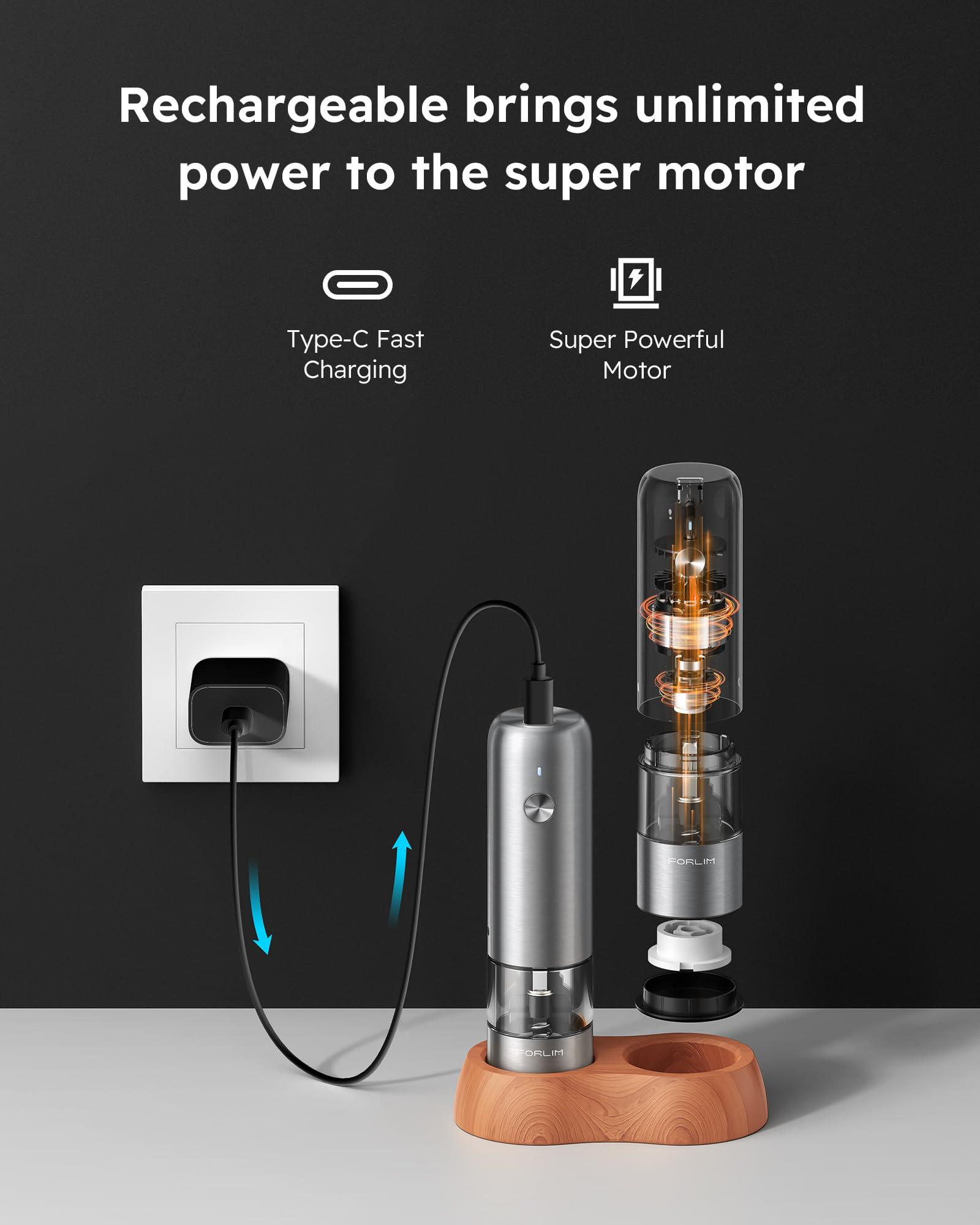 FORLIM Mini Electric Salt and Pepper Grinder Set with Wood Base, USB Rechargeable, Small Automatic Salt Pepper Mill Grinder, Travel/Outdoor BBQ/Children, One-Button Control (2 Packs, Stainless Steel) - Image 3