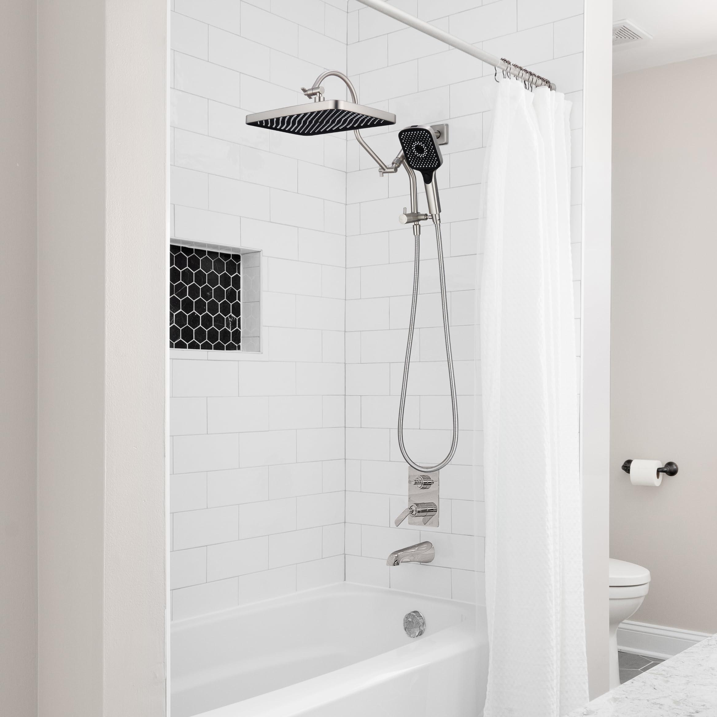 13-Inch Shower Heads with Multi-Function Handheld Sprayer Combo, 3-Way Metal Extended Diverter with Holder and Metal Adjustable Curved Shower Extension Arm, Extra Long Hose Brushed Nickel - Image 2
