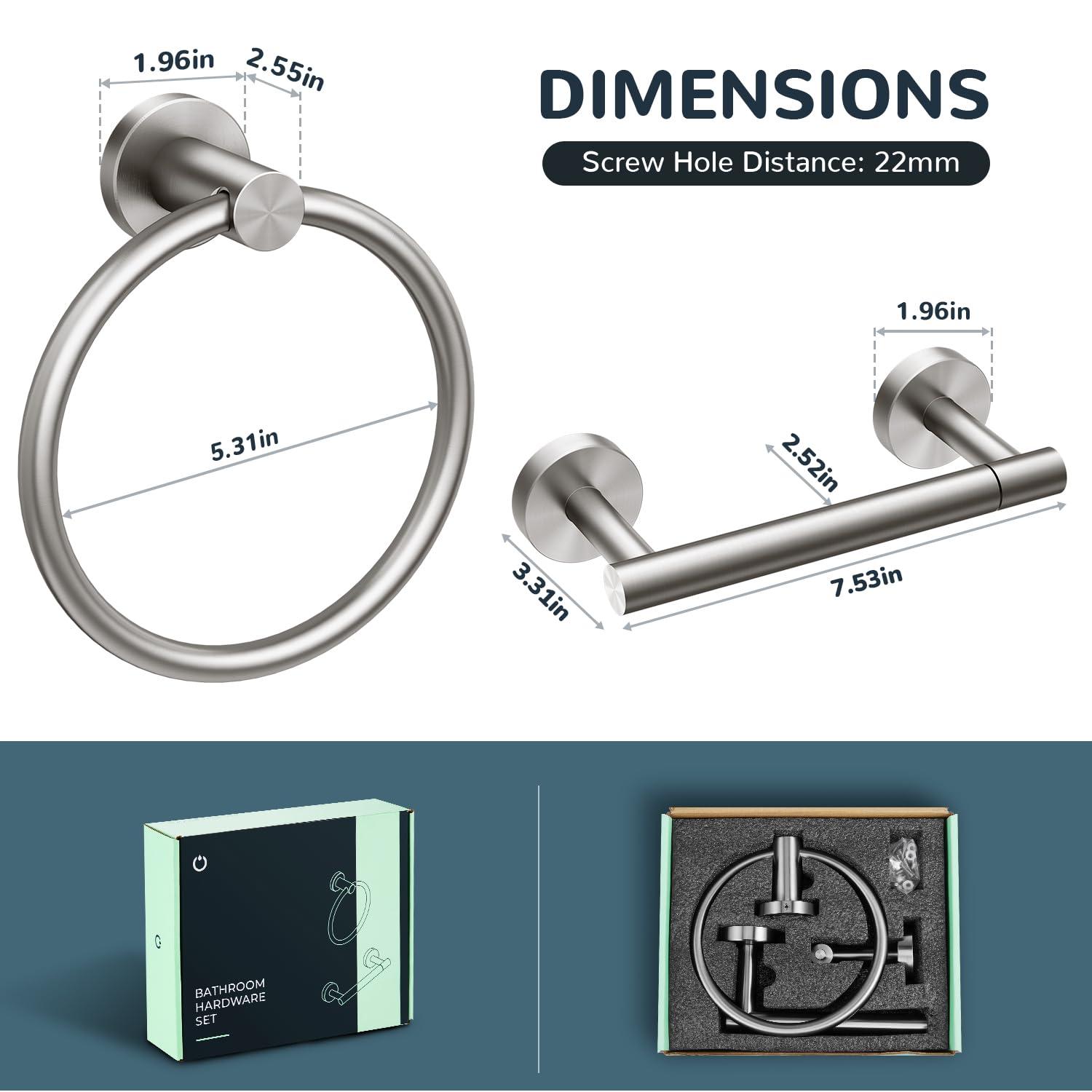FORIOUS Brushed Nickel Toilet Paper Holder Wall Mount, SUS304 Stainless Steel Double Post Pivoting Tissue Roll Holder and Hand Towel Ring Set for Bathroom, RV, Bathroom Hardware Accessories Set - Image 3