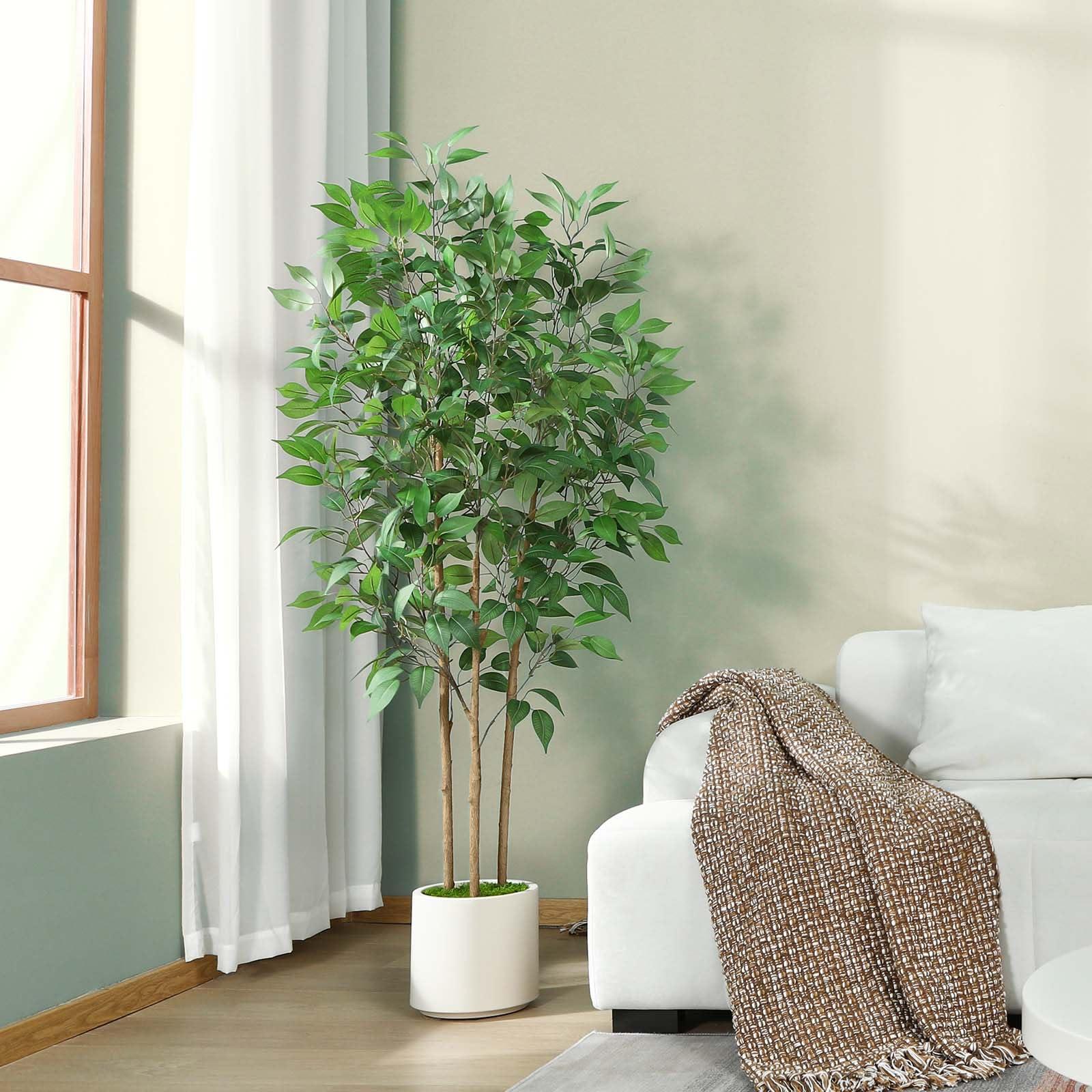 SOGUYI Ficus Artificial Tree 5ft Tall Fake Ficus Tree for Home Decor Indoor Faux Silk Ficus Plant Fake Floor Plant in White Imitation Ceramic Planter with Green Fake Moss, Set of 1 - Image 4