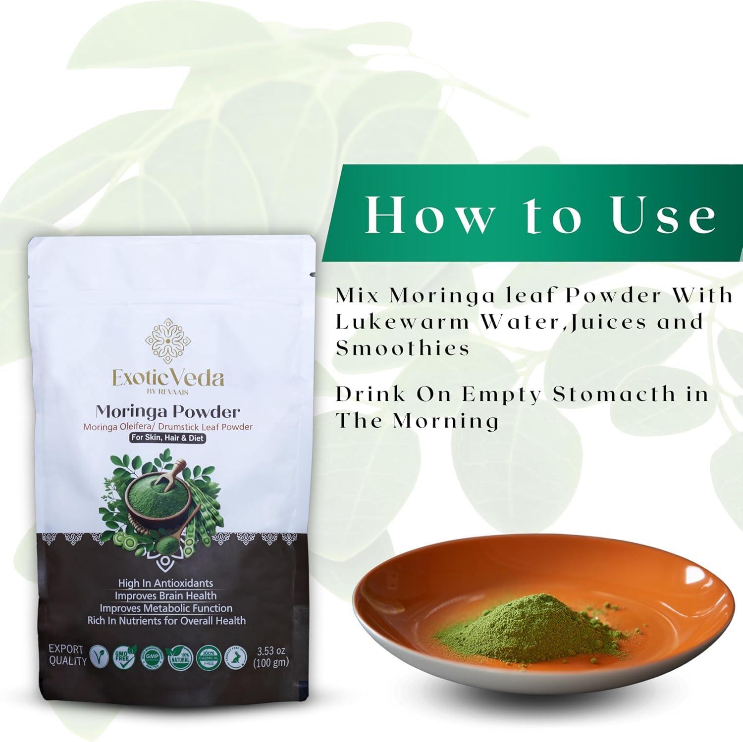 Exotic Veda Premium Quality Moringa Powder (100g/3.52Oz) - 100% Pure, Vegan, Gluten-Free, Non-GMO - Suitable for Smoothies, Baking, Cooking, and Homemade Skincare - Image 5