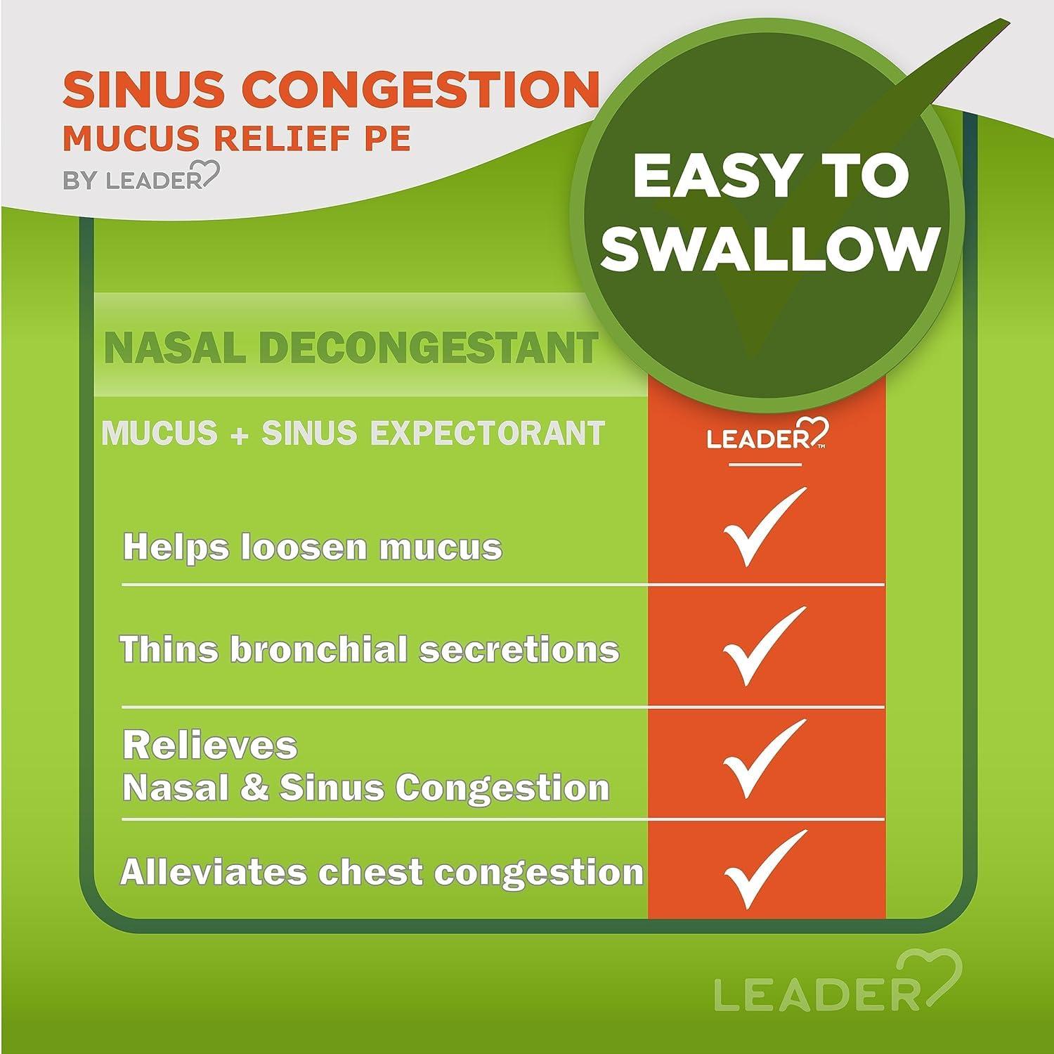 Leader Mucus Relief PE Sinus Congestion, Expectorant; Nasal Decongestant, Thins and Loosens Mucus, Immediate-Release, Alleviates Chest Congestion, 50 Tablets (Pack of 2) - Image 3
