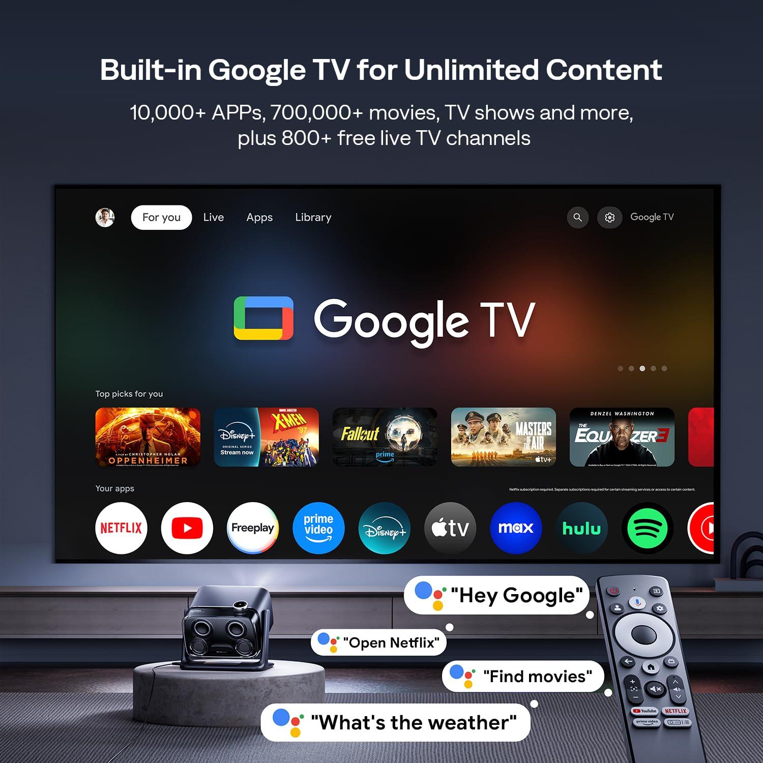 Aurzen BOOM mini Google TV 4K Supported Smart Projector with WiFi and Bluetooth, Outdoor & Home Movie Projector with 20W Speakers DoIby Audio, Real-Time Focus & Keystone, 500 ANSI Lumens, Black - Image 2