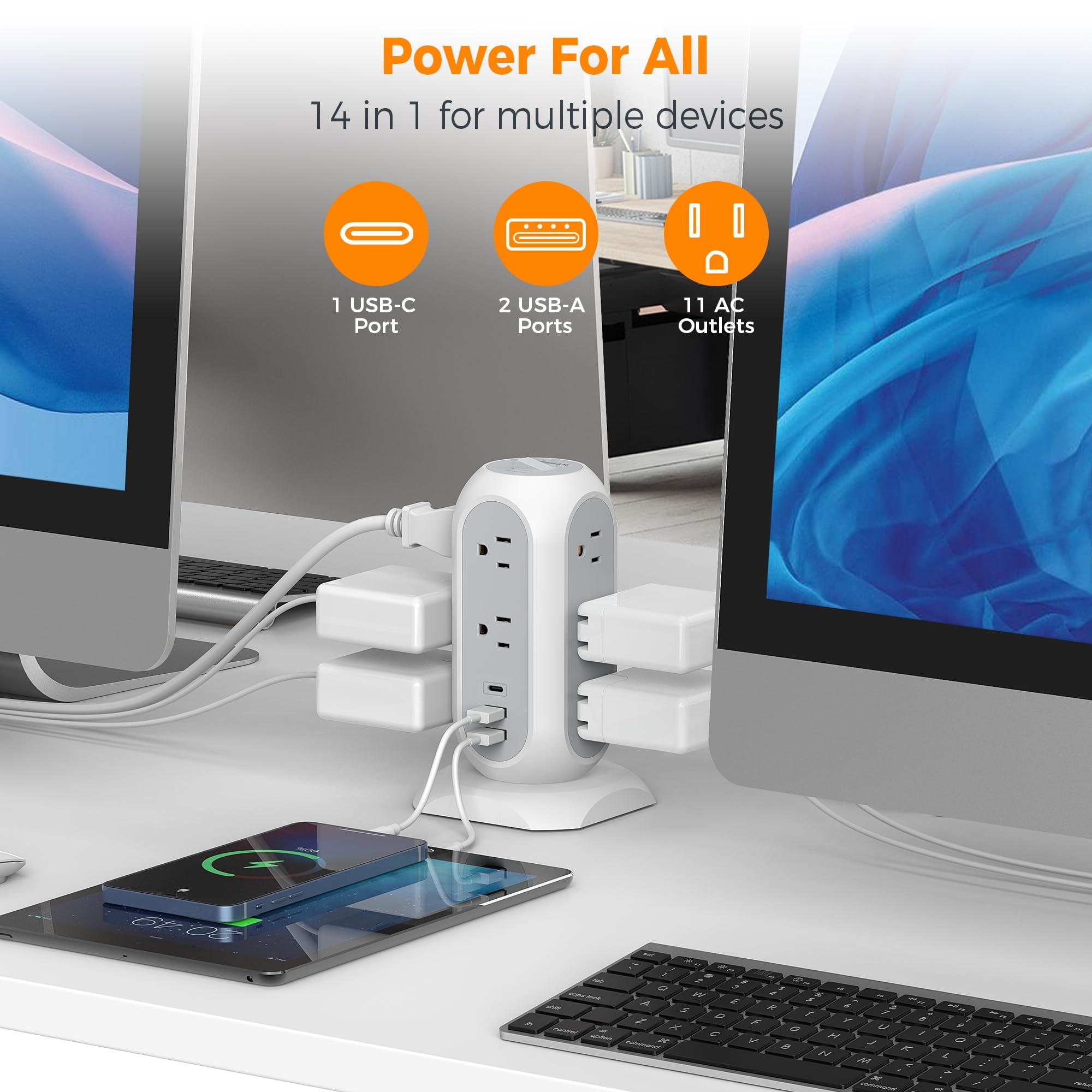 Tower Power Strip Flat Plug with 11 Outlets 3 USB (1 USB C), TESSAN Surge Protector Tower 1625W/13A,1050J Protection, 6 Feet Extension Cord with Multiple Outlets, Office Desk Supplies, Dorm Essentials - Image 6