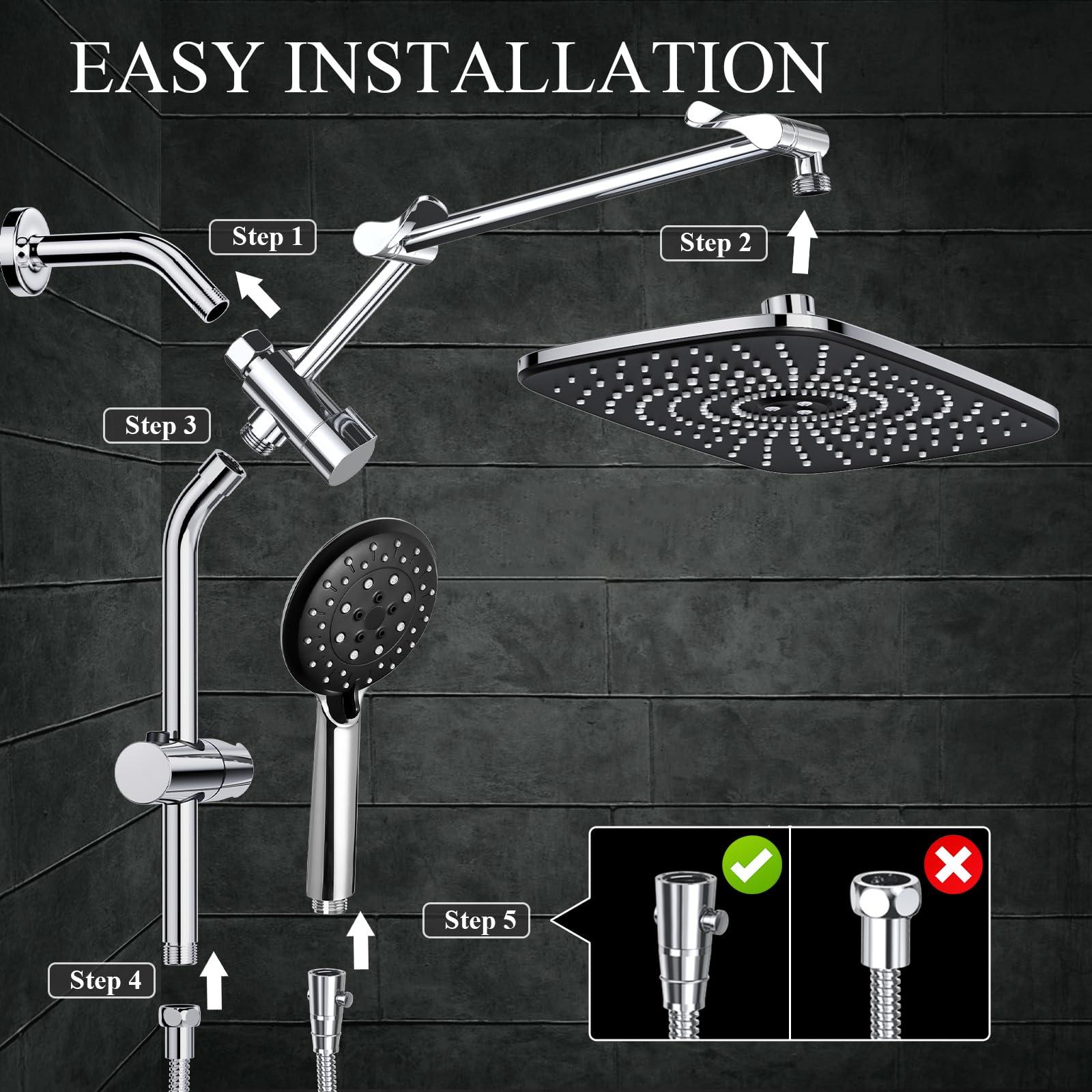 Veken 11.8 Inch Rain Shower with 6 Modes Handheld Water Spray,Upgraded 2-in-1 Slide Bar Shower Head,Wide Showerhead Combo for Bathroom Accessories, Adjustable Dual Shower with Arm，Silver Chrome - Image 7