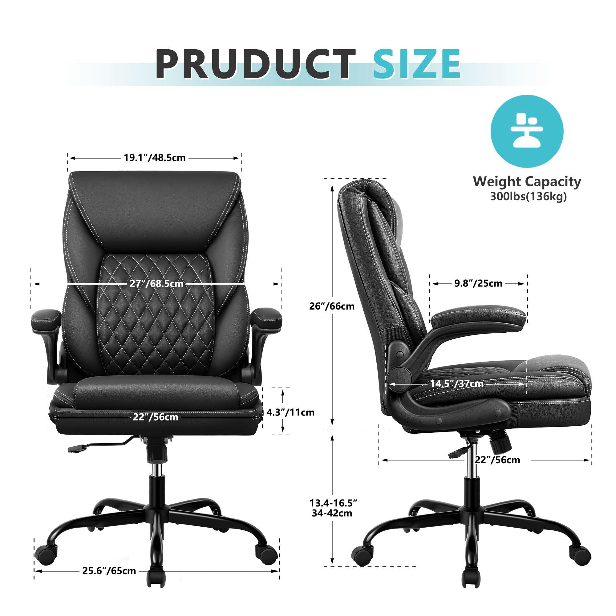 BestEra Office Chair, Executive Leather Chair Home Office Desk Chairs, Ergonomic Computer Desk Chair with Adjustable Flip-Up Arms, Lumber Support Swivel Task Chair with Rocking Function (Black) - Image 3
