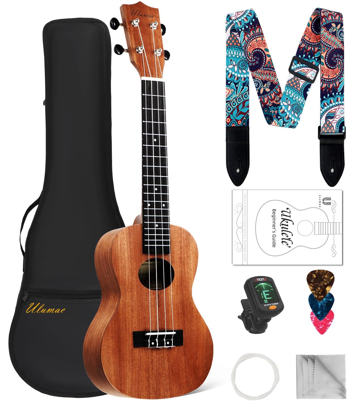 Ulumac Soprano Ukulele, Solid Mahogany 21inch Ukelele Beginner Kit for Kids with Gig Bag, Digital Tuner, Replacing Strings, 3 Guitar Picks, Strap, Cloth