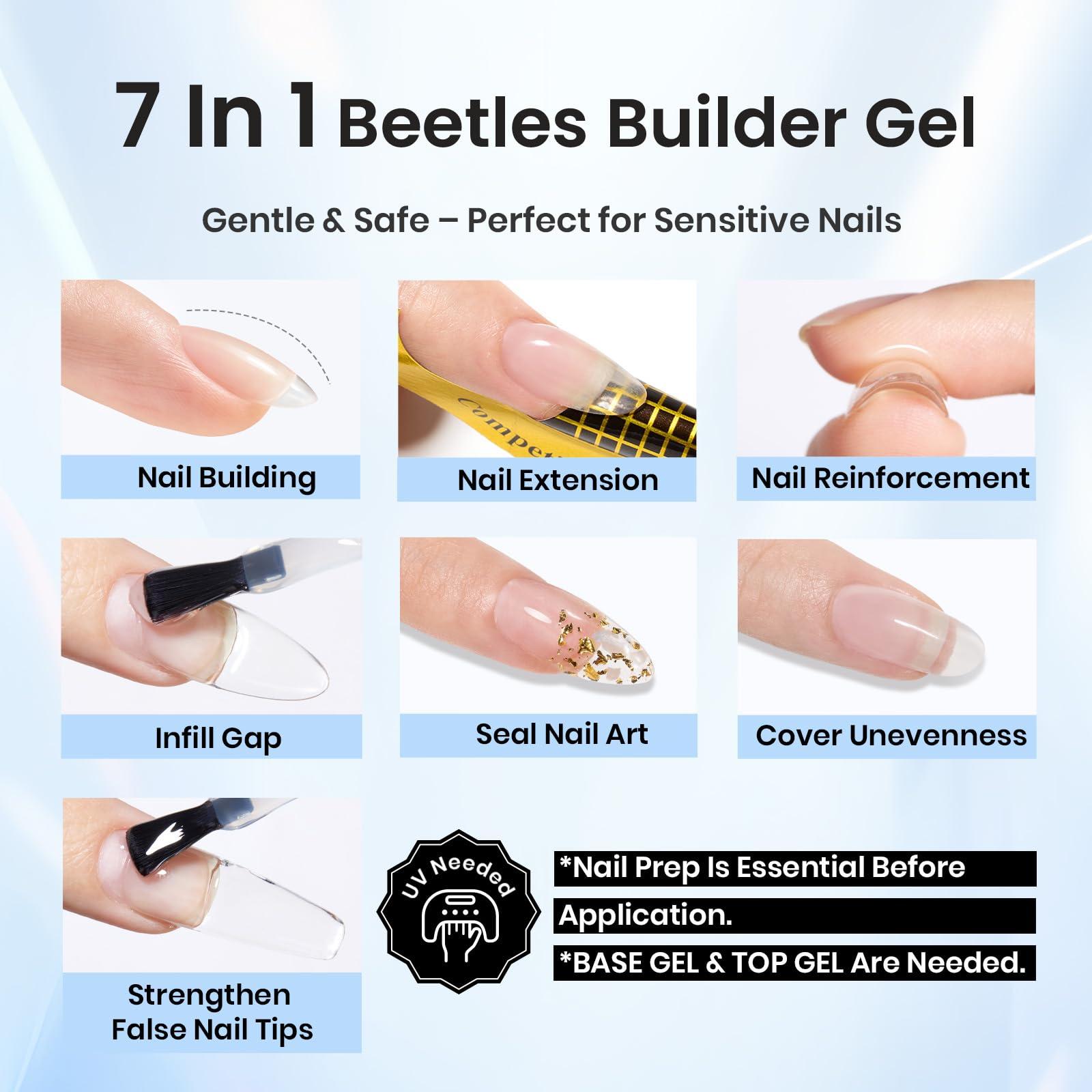 Beetles 2pcs 15ml Builder Gel for Nails, 7 in 1 Clear Builder Nail Gel Set for Nail Apex & Strengthener Thickening Extension LED Lamp Cured Nail Enhancement Gel for Beginners & DIY Salon Manicure - Image 4