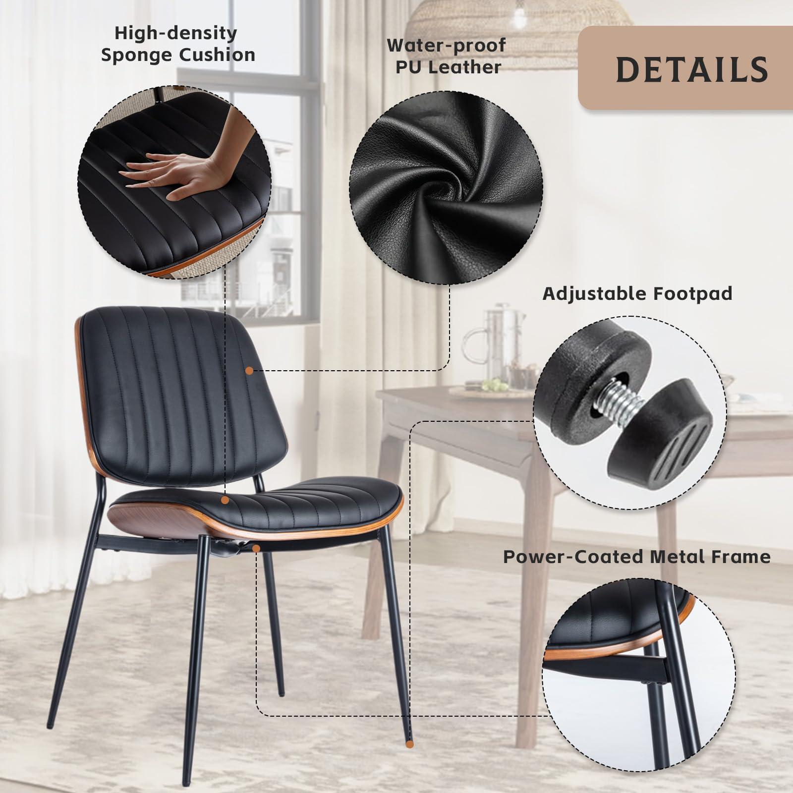SOARMOTE Dining Chairs Set of 6, Upholstered Mid-Century Modern Dining Room and Kitchen Chairs with Walnut Backrest,Retro Accent PU Leather Side Chairs with Metal Legs,Black - Image 4