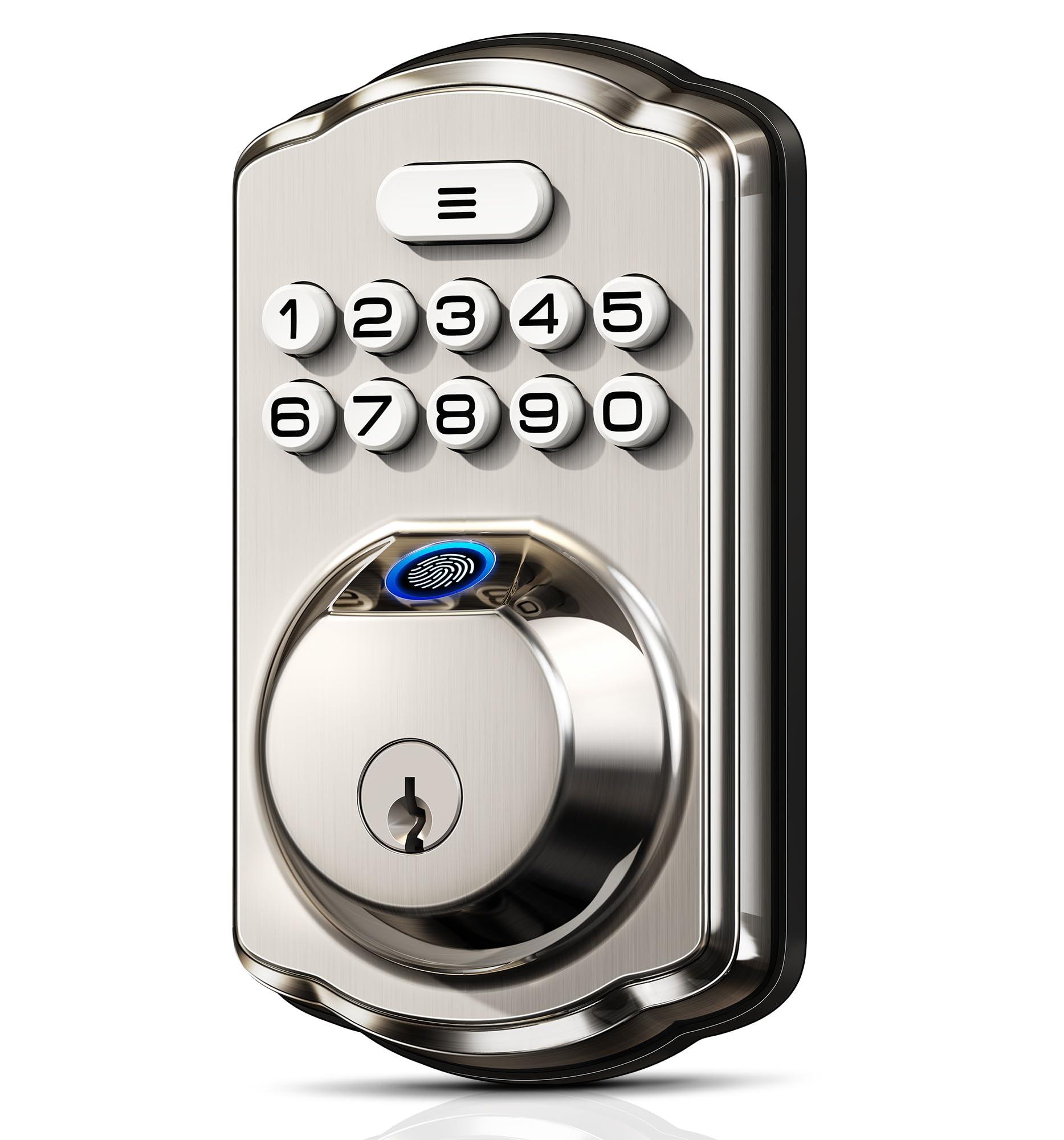 Veise Fingerprint Door Lock, Keyless Entry, Auto Lock, Electronic Keypad Deadbolt for Front Door, Biometric, Anti-Peeking Password, Easy Install, Satin Nickel