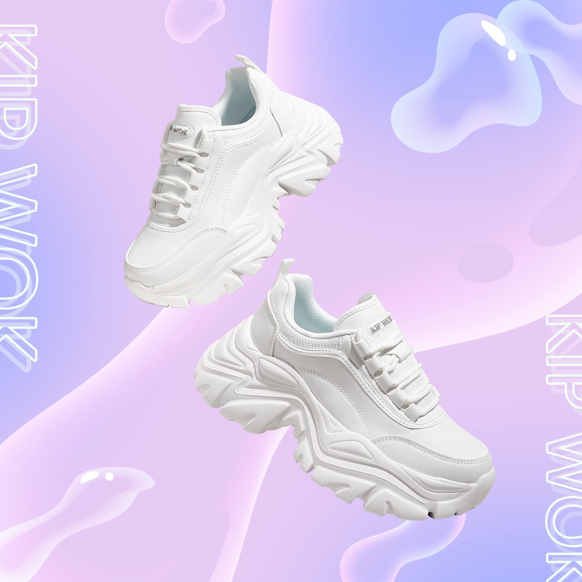 K KIP WOK Chunky Sneakers for Women Fashion Platform White Leather Casual Dad Shoes Comfortable Wedge Walking Sport Sneakers - Image 2