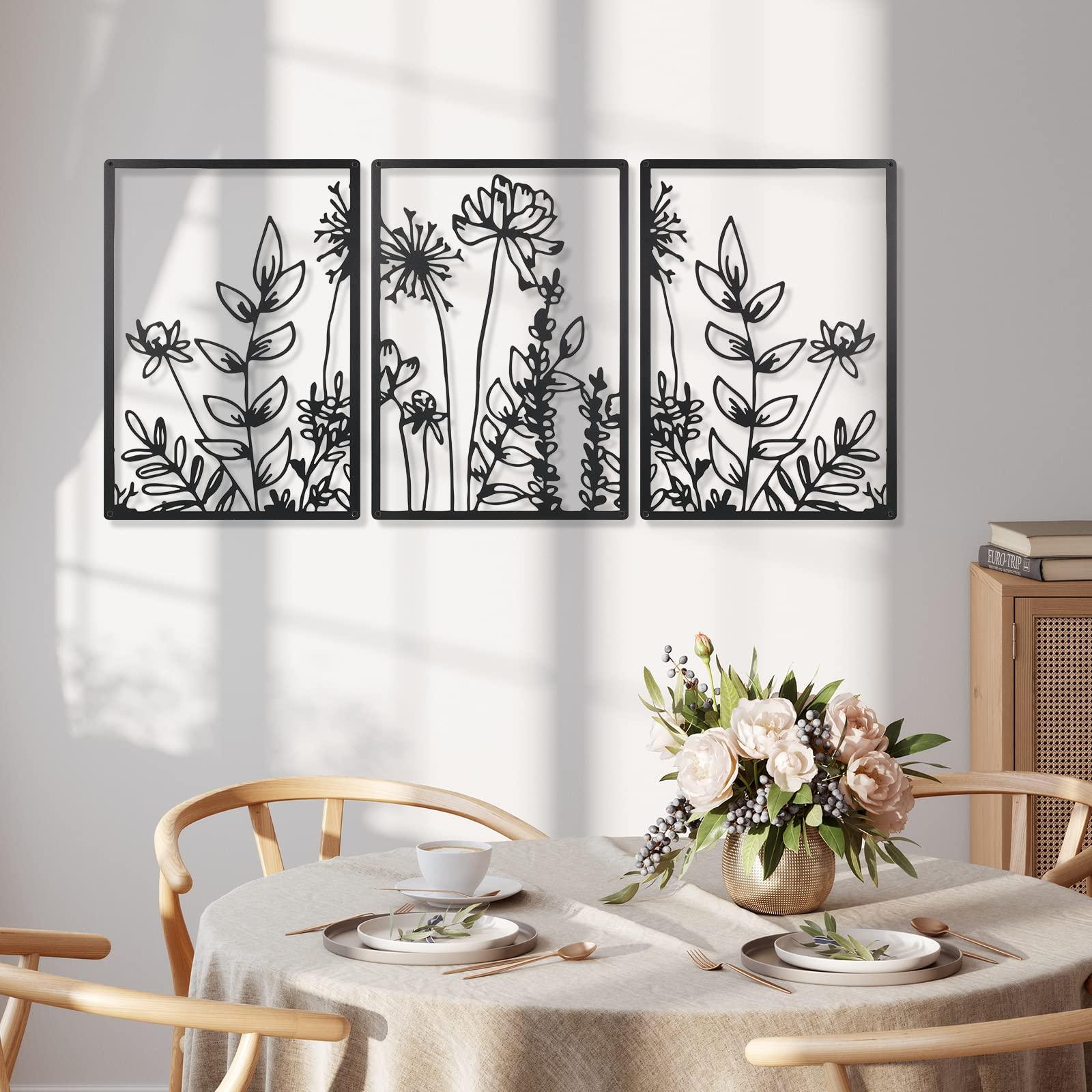 Therwen 3 Pcs Black Metal Wall Art Minimalist Wall Decor for Bedroom Flowers Decor Hanging Flower Bathroom Art Flower Line Sculpture Kitchen Decoration 16.5 x 9.8 Inch(Cute Style) - Image 5