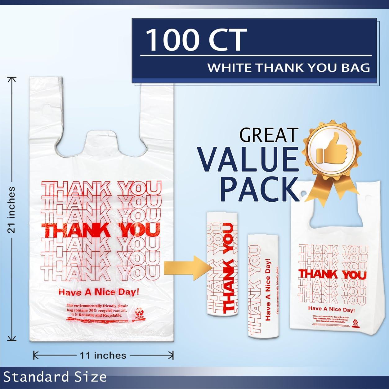 YoYoRain White Thank you T shirt bag, Grocery shopping bag Reusable and Disposable Supermarket Bag 11''x6''x21'' 100PCS - Image 2
