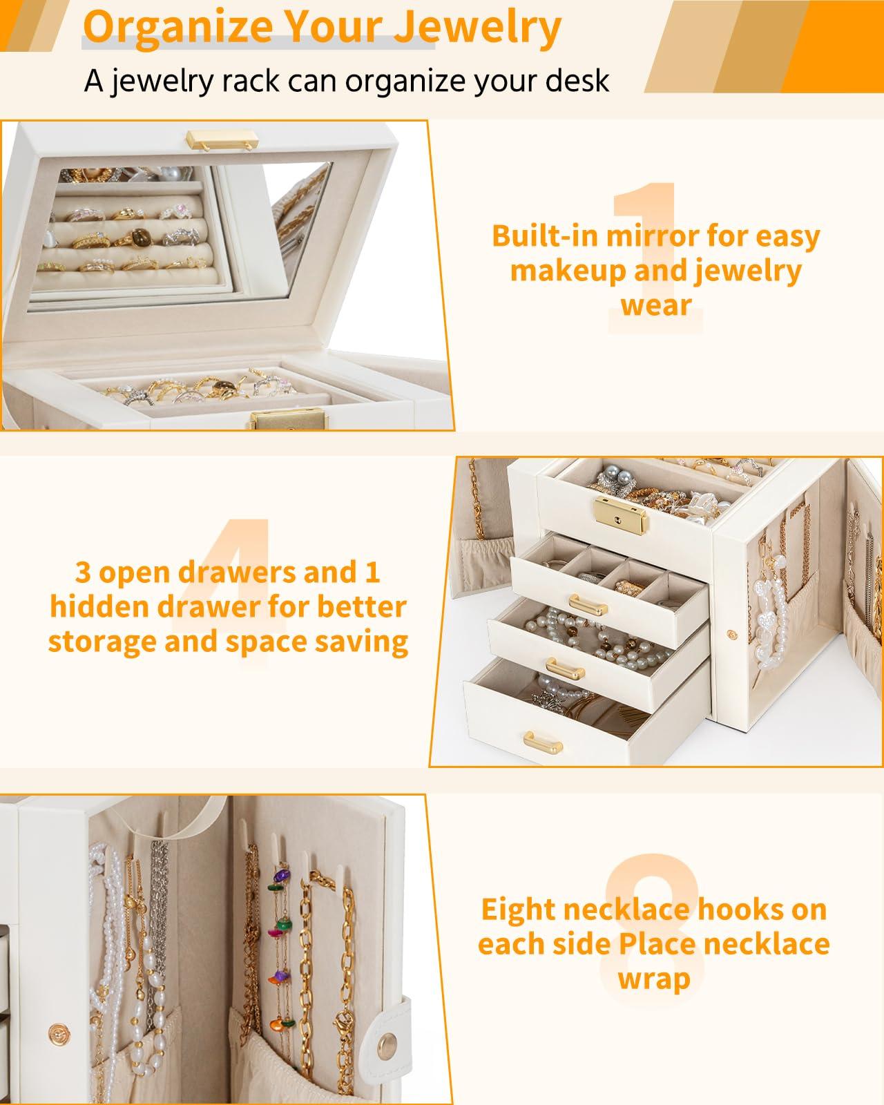 AKOZLIN 4-Tier Jewelry Box Leather Jewelry Storage Organizer with 3 Drawers Lockable for Women Girls Ring Necklace Earring Bracelet Holder with Mirror White - Image 5